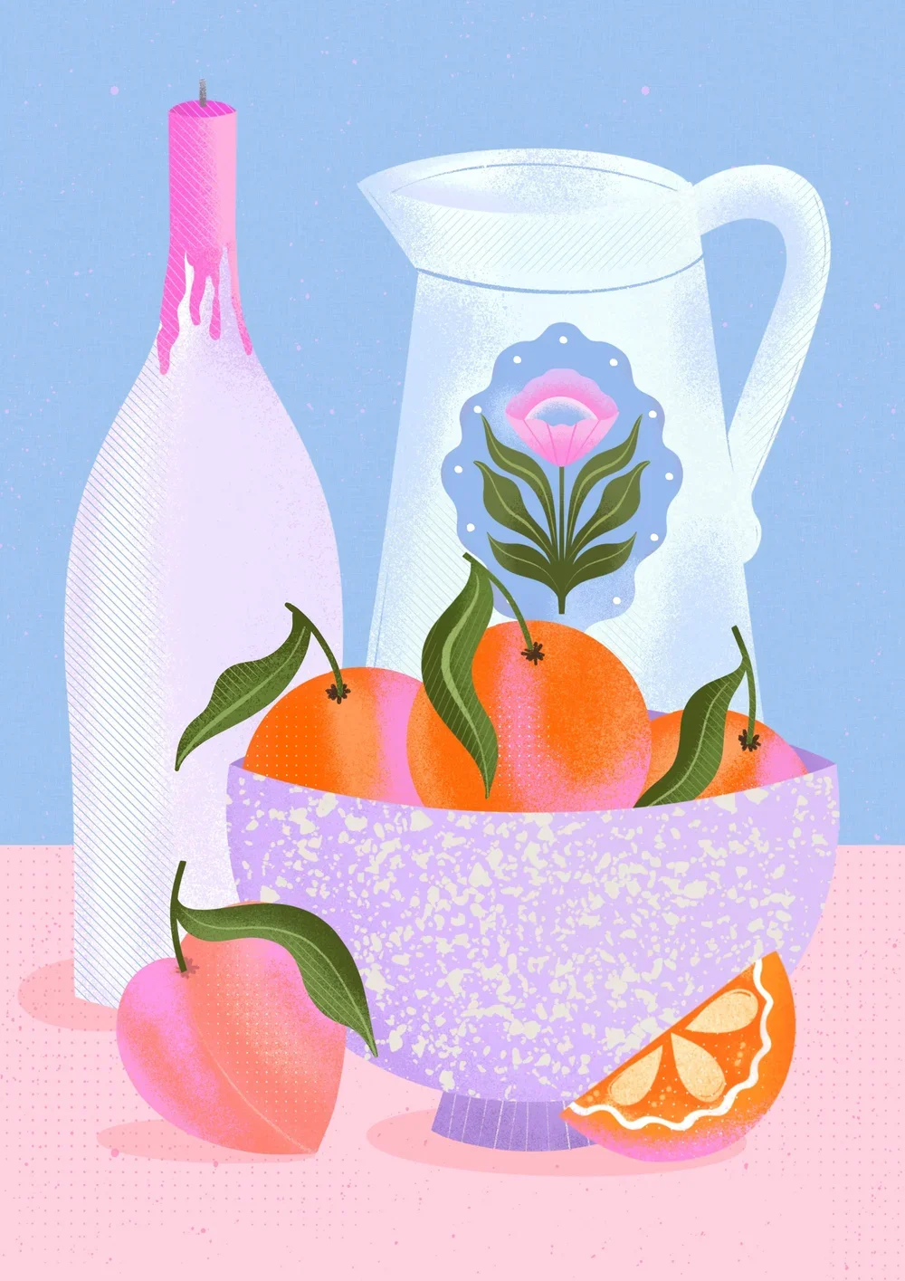 Illustration of a still life featuring a bowl of peaches with green leaves, a jar with a floral design, a pitcher, and a sliced orange on a pink and blue background.