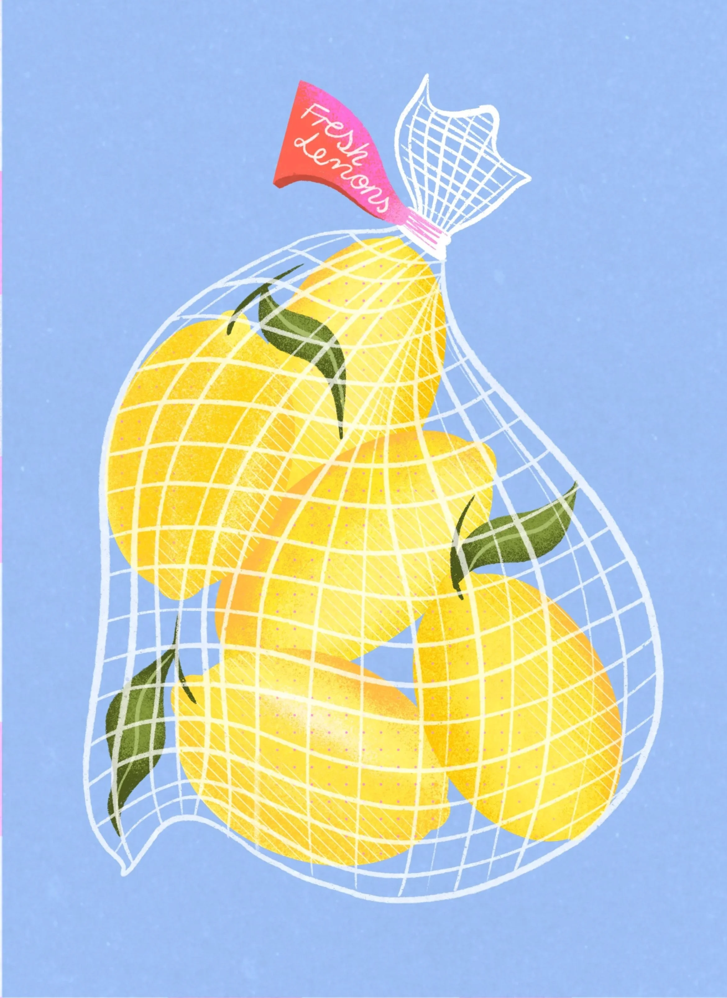 Illustration of yellow lemons in a wire mesh bag with a pink tag labeled 'Fresh lemons' against a light blue background.
