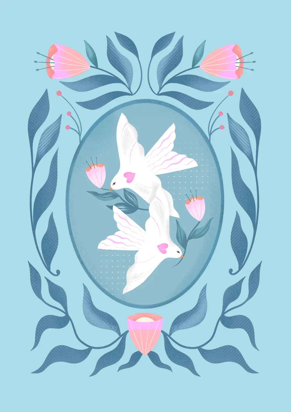 Illustration of two white doves with pink accents, surrounded by pink flowers and blue leaves on a light blue background.
