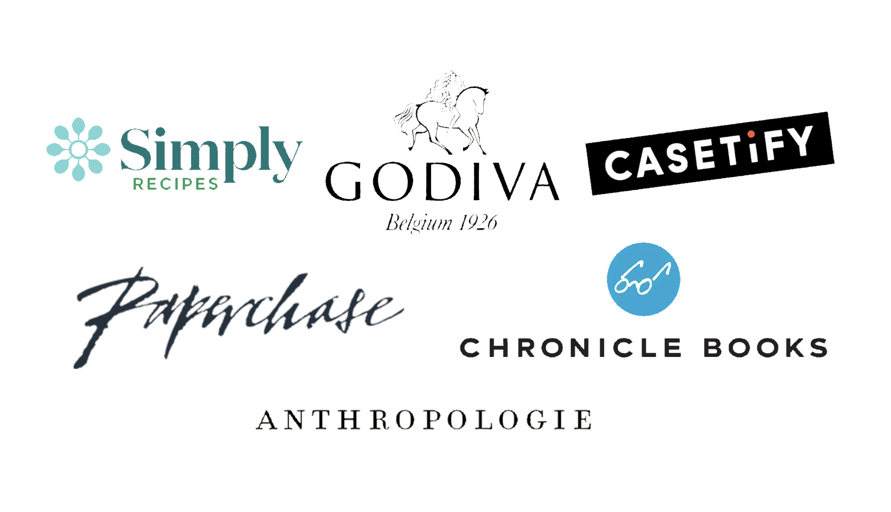 Image with text and graphics promoting a book collection. The text includes 'Simply Recipes', 'Cody', 'Casetify', 'Chronicie Books', and 'Anthropologie'. There are decorative elements including a snowflake, a blue circle with glasses, and black and turquoise blocks of text.