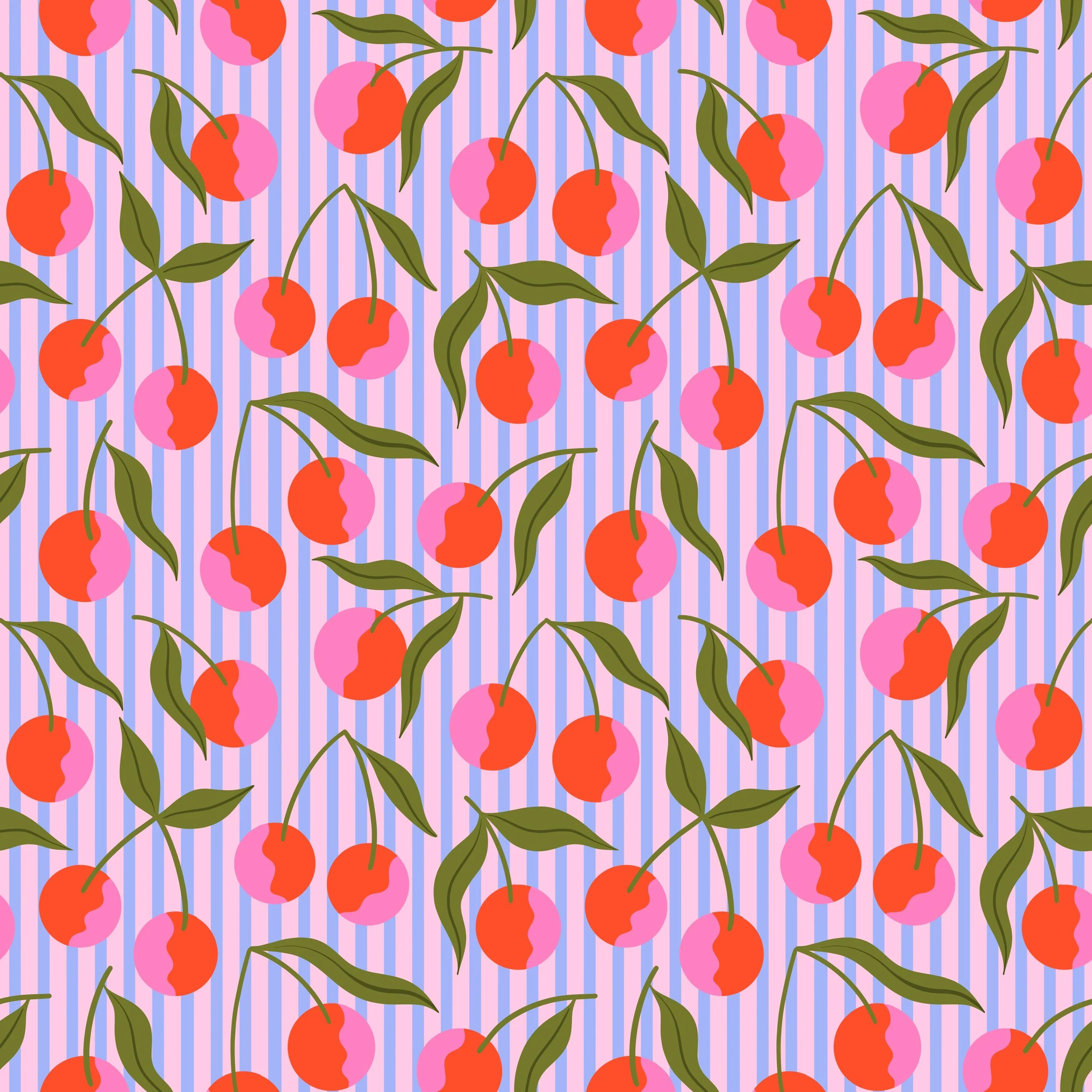 Pattern of cherries with pink and red colors, green leaves, on a pink and purple striped background.