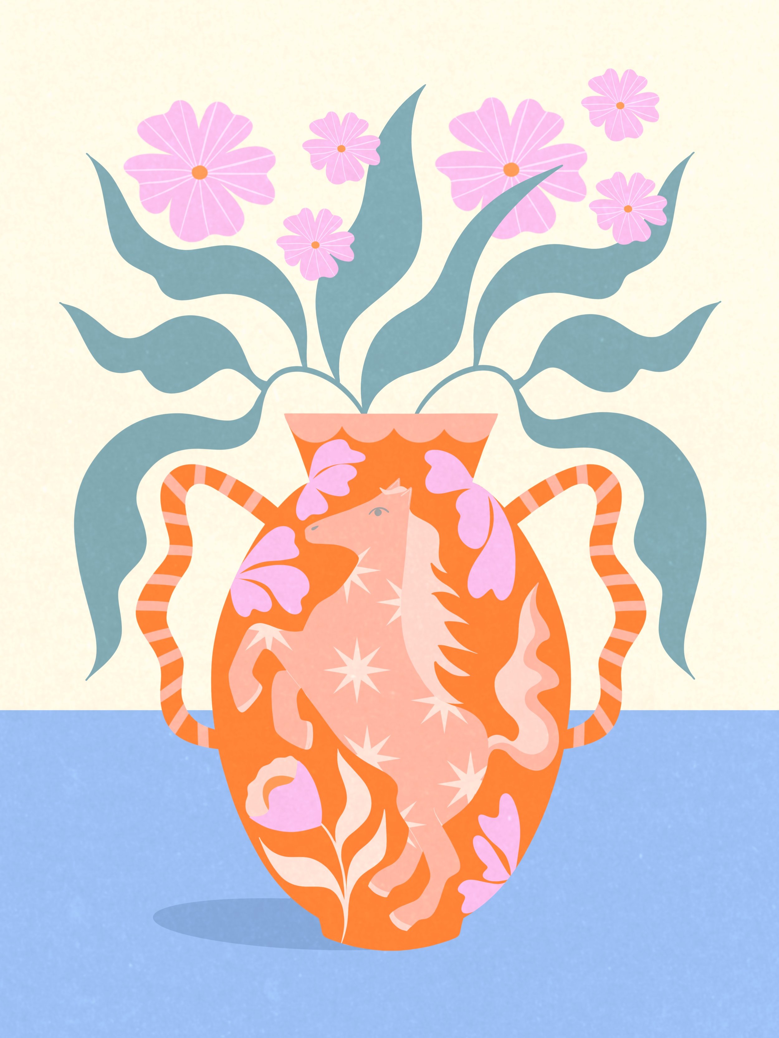 Illustration of a decorative orange vase with a heart and horse design, filled with pink and purple flowers and blue-green leaves, set against a light background.