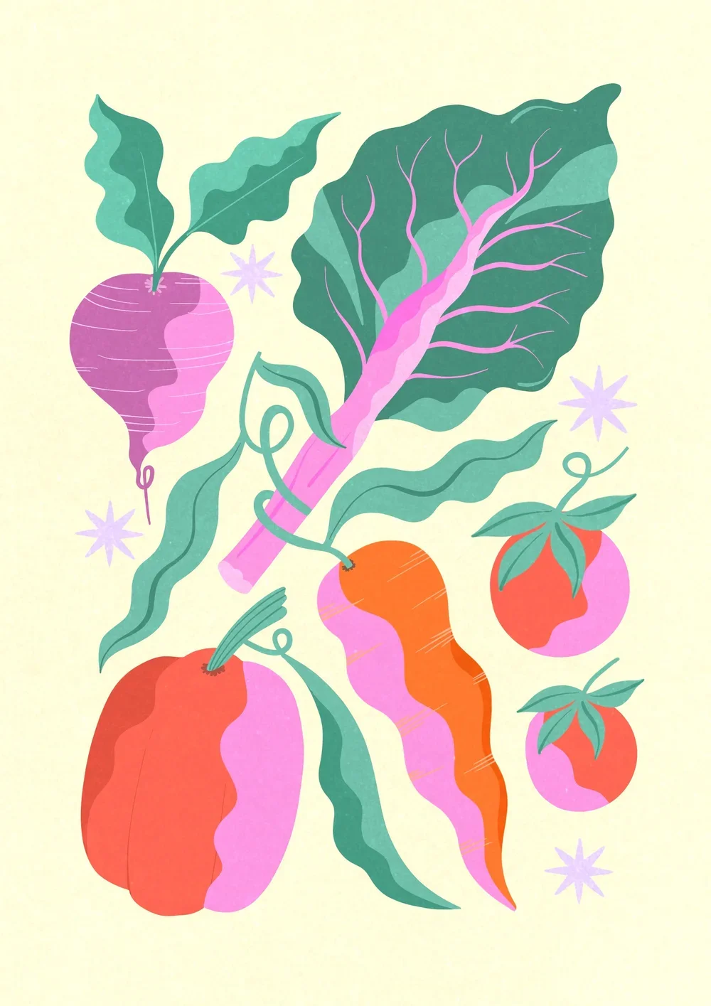Abstract illustration of radishes, carrots, and tomatoes with green leaves and purple stars on a pale yellow background.
