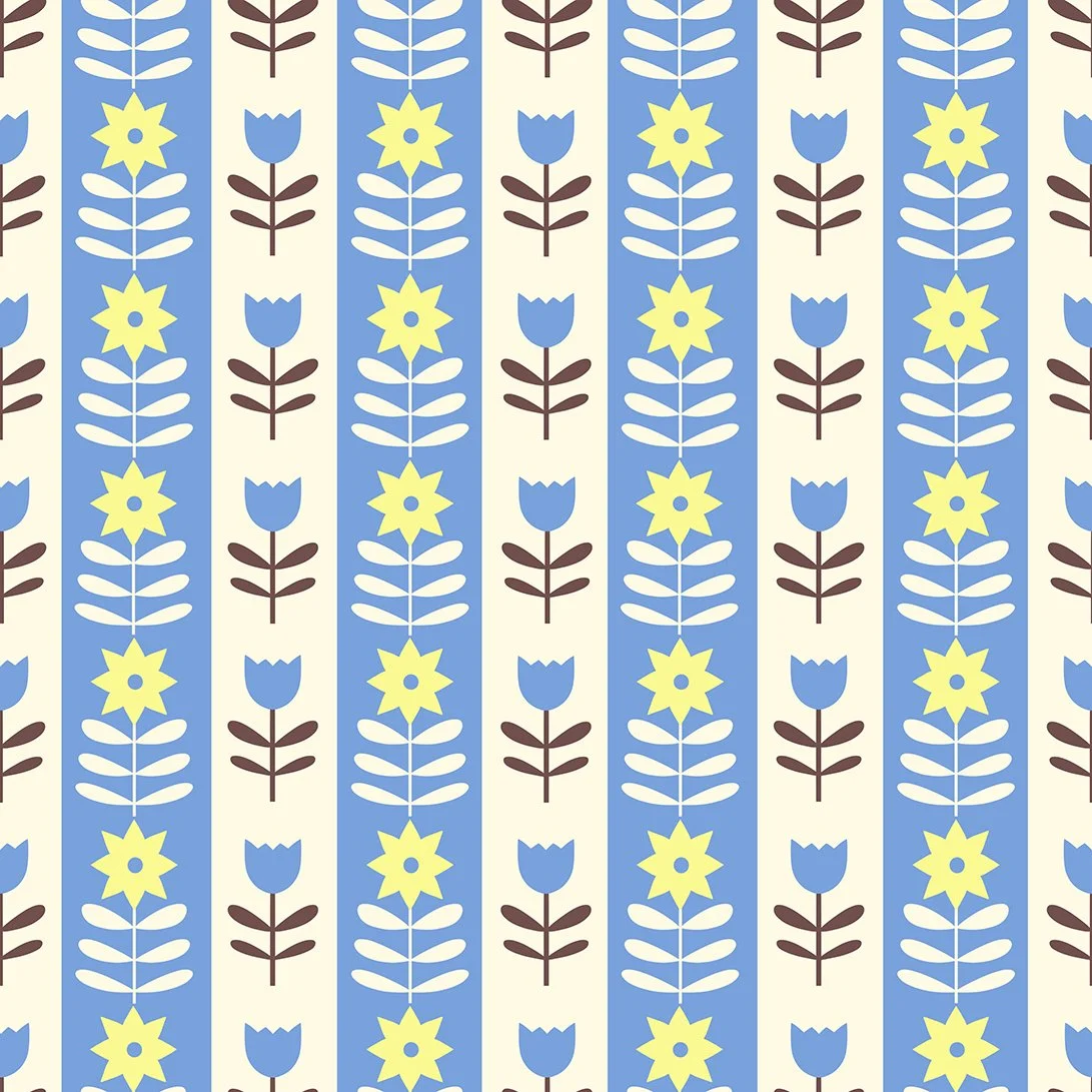 A repeating pattern of stylized flowers and leaves in yellow, blue, white, and brown on a light background.