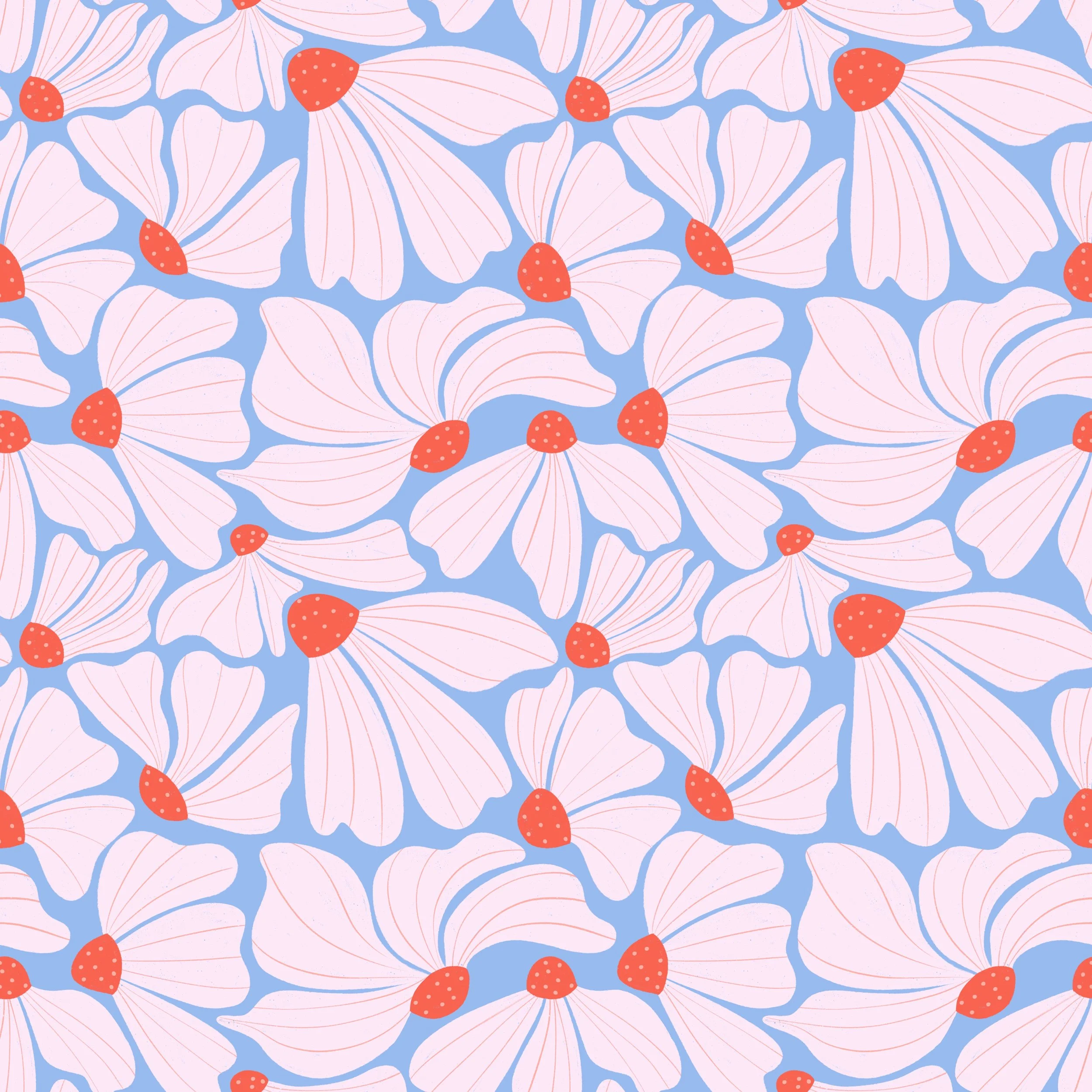 A seamless pattern of pink flowers with red centres on a light blue background.