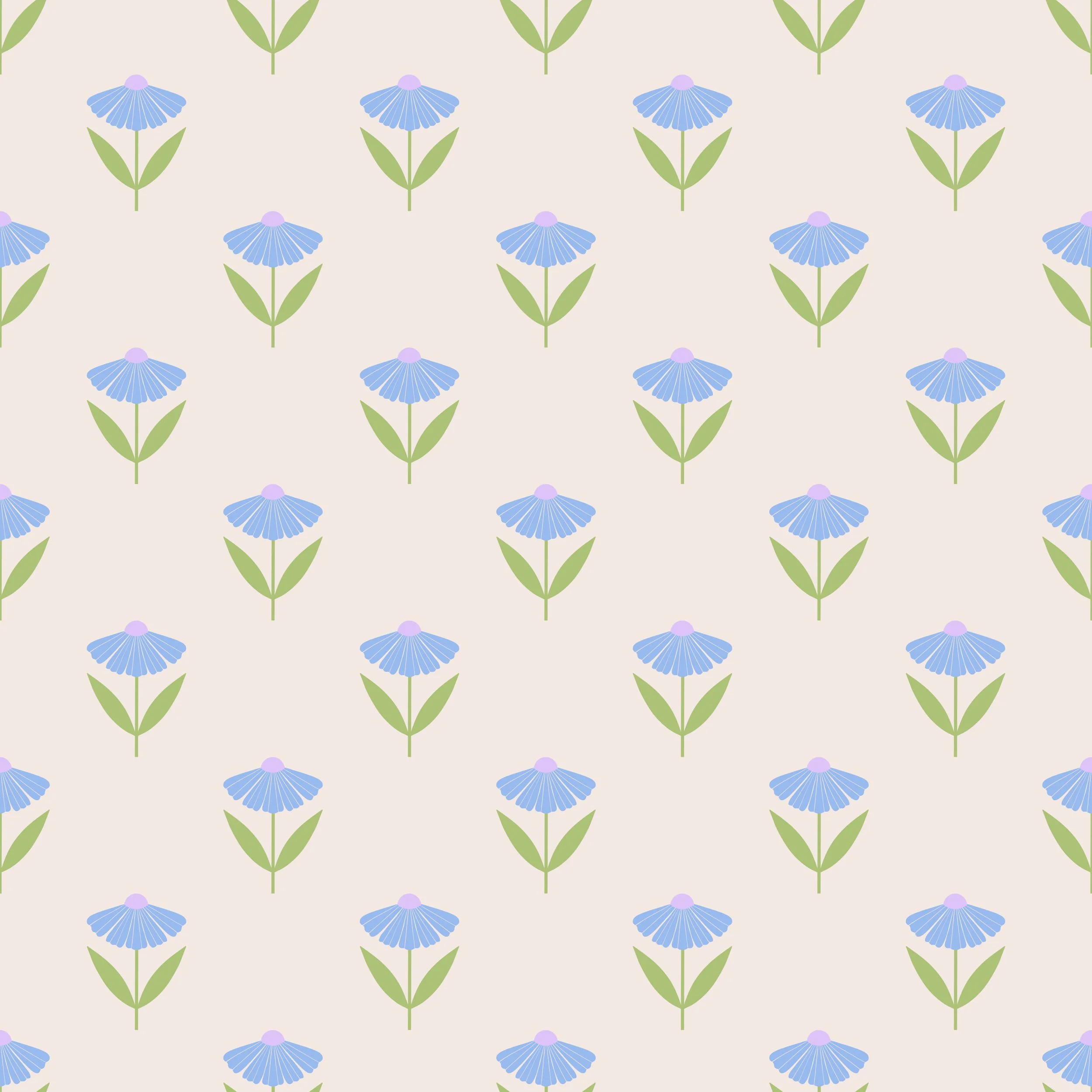 Pattern of blue flowers with green leaves on a beige background.