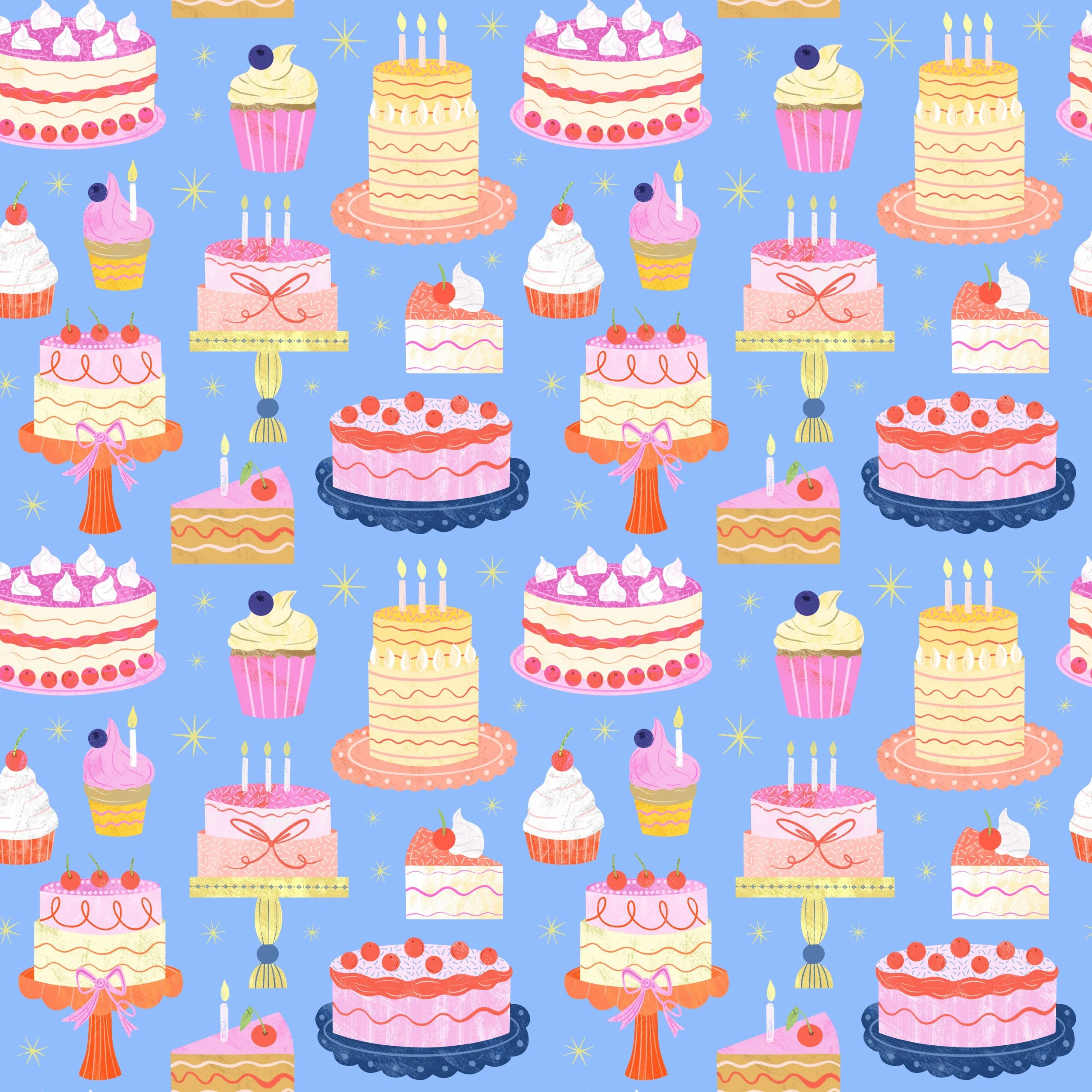 A colorful seamless pattern featuring various birthday cakes, cupcakes, and sweets on a light blue background with yellow stars.
