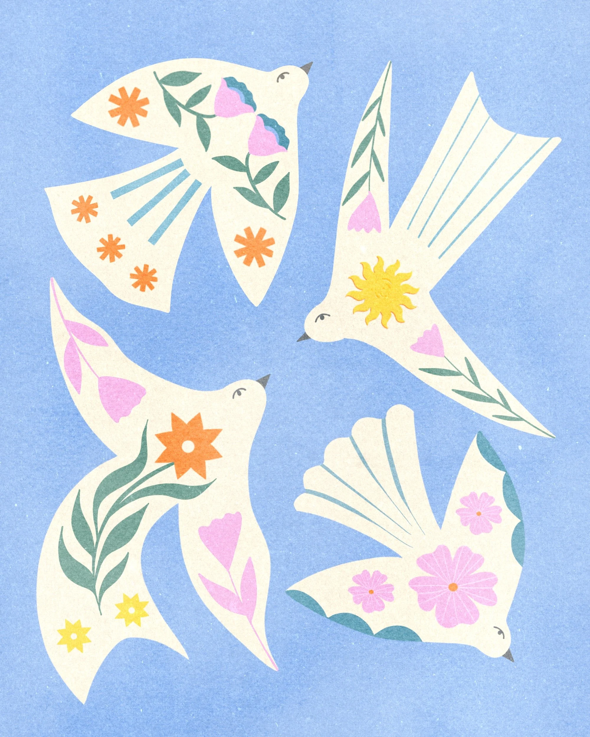 Four stylized birds with floral patterns on their wings, flying against a blue background.
