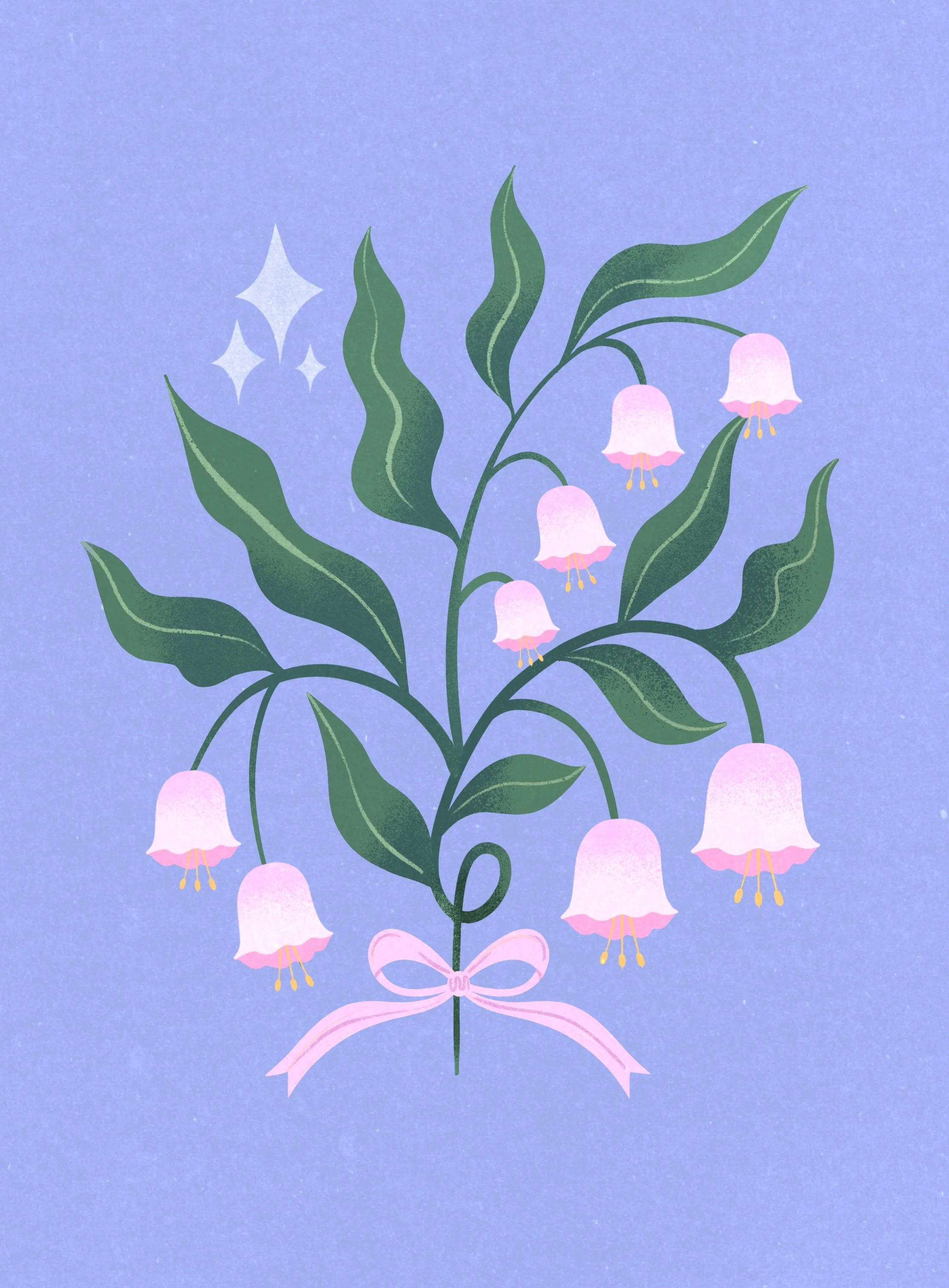 Illustration of a bouquet of pink bell-shaped flowers with green leaves, tied with a pink ribbon, against a purple background with sparkles.