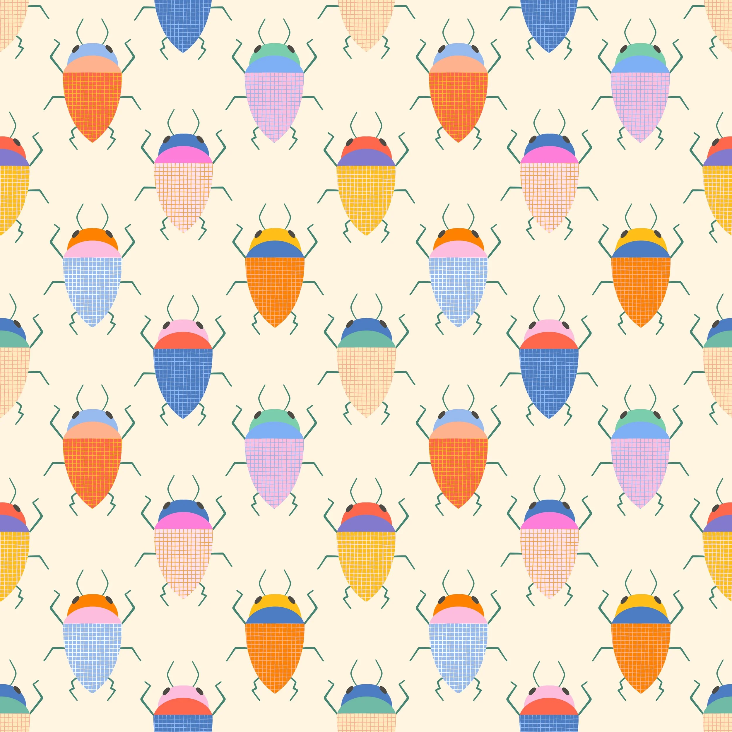 Pattern of colorful geometric insects with various shapes and colors on a light background.