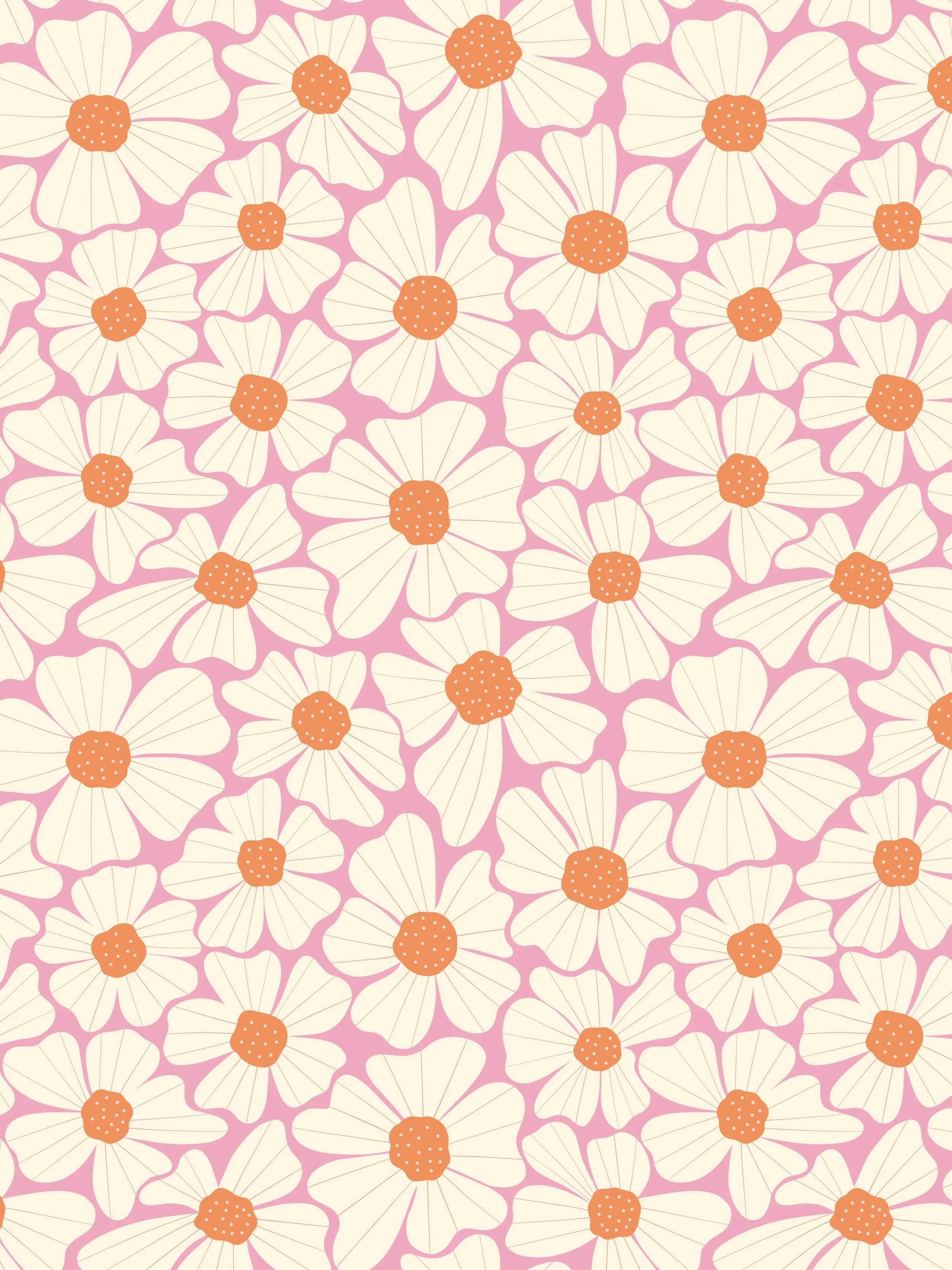 Pattern of white flowers with orange centres on a pink background.