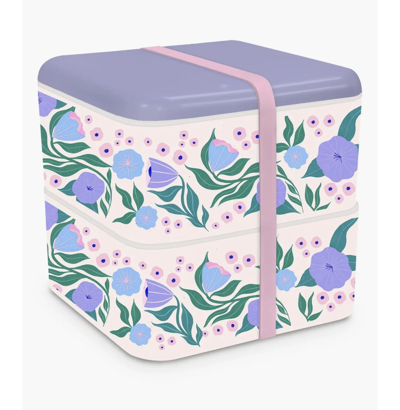 A floral-patterned storage box with purple and pink flowers and green leaves, secured with a pink strap.
