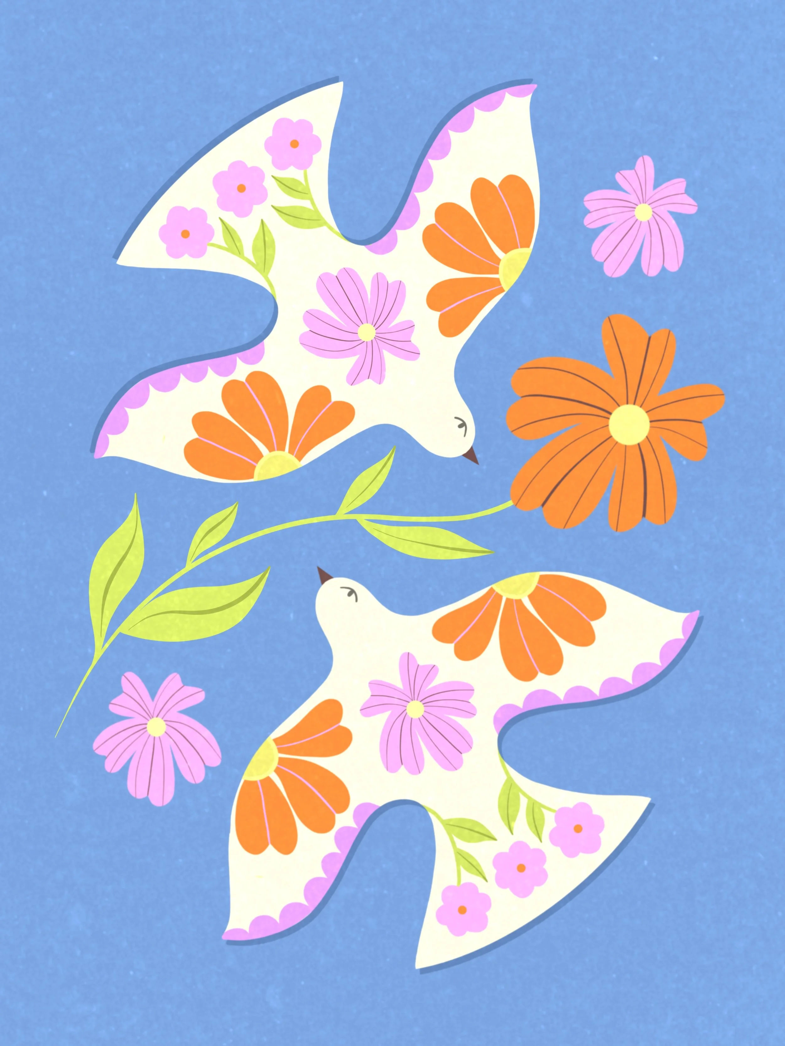 Two white birds with colourful floral wings flying above pink and orange flowers and green leaves on a blue background.