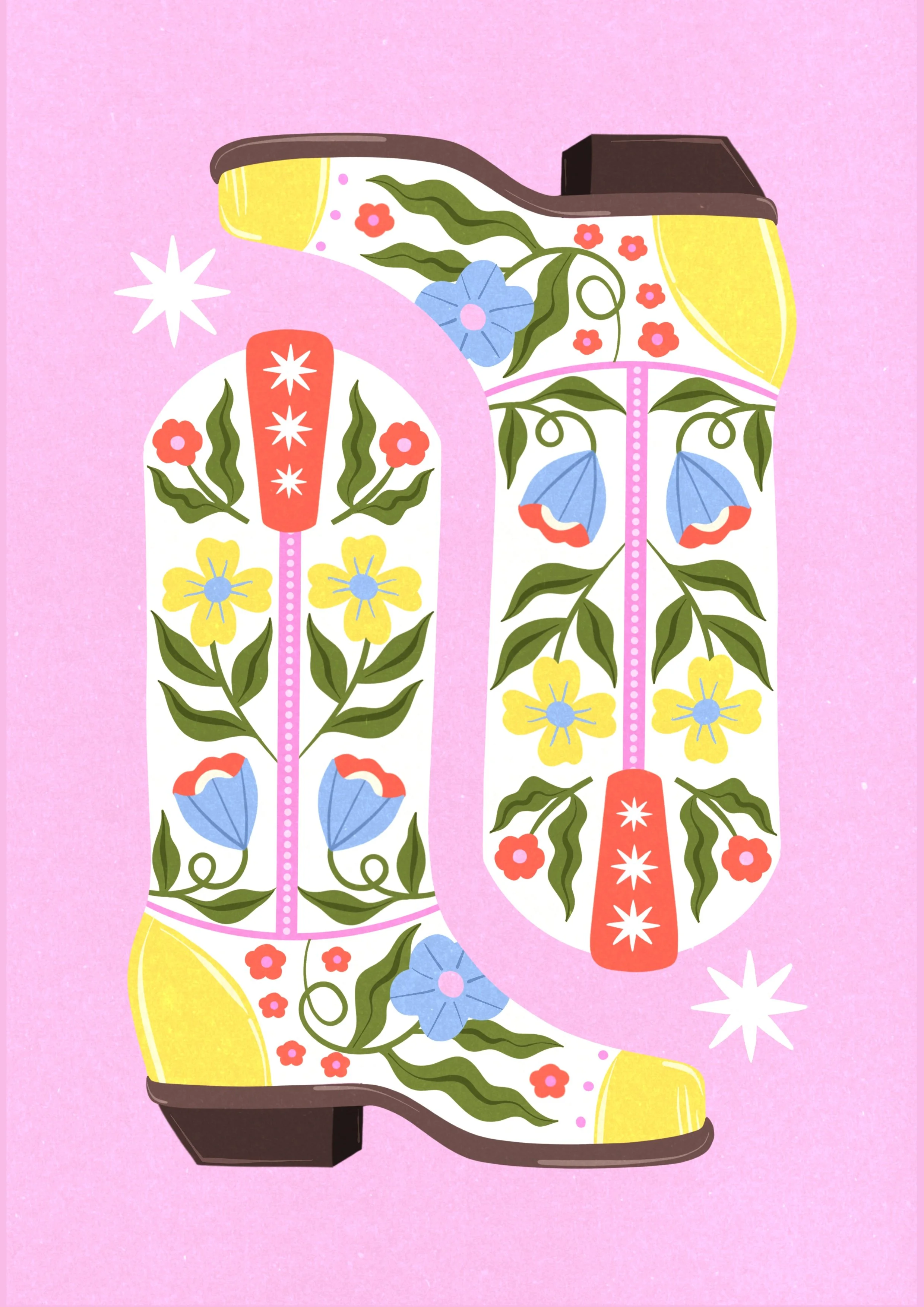 Pair of cowboy boots with floral patterns on a pink background.