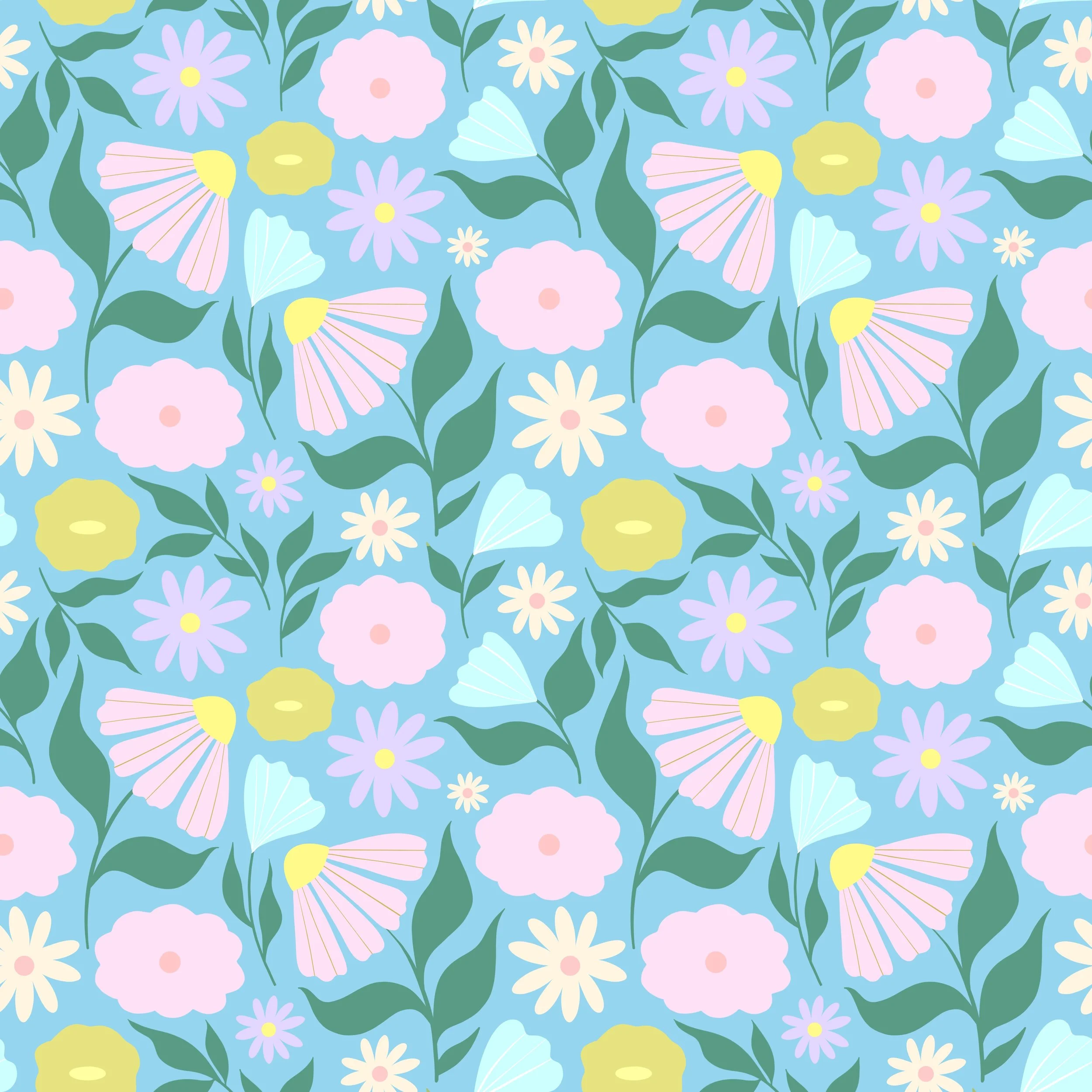 A seamless pattern of pastel-coloured flowers and leaves on a light blue background, featuring pink, purple, yellow, and white flowers with green leaves.
