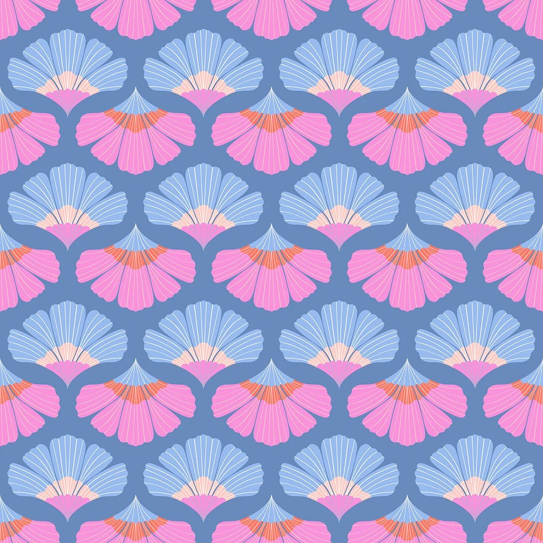 Pattern of pink, blue, and orange seashells on a blue background, repeating in a symmetrical design.