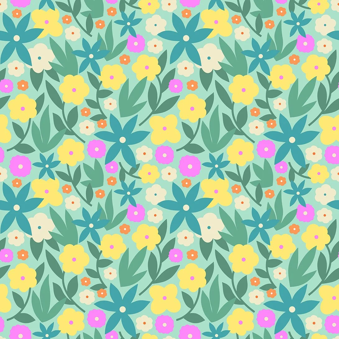 Pattern of colourful flowers and leaves in pastel colors, including yellow, pink, white, orange, and various shades of green and blue.