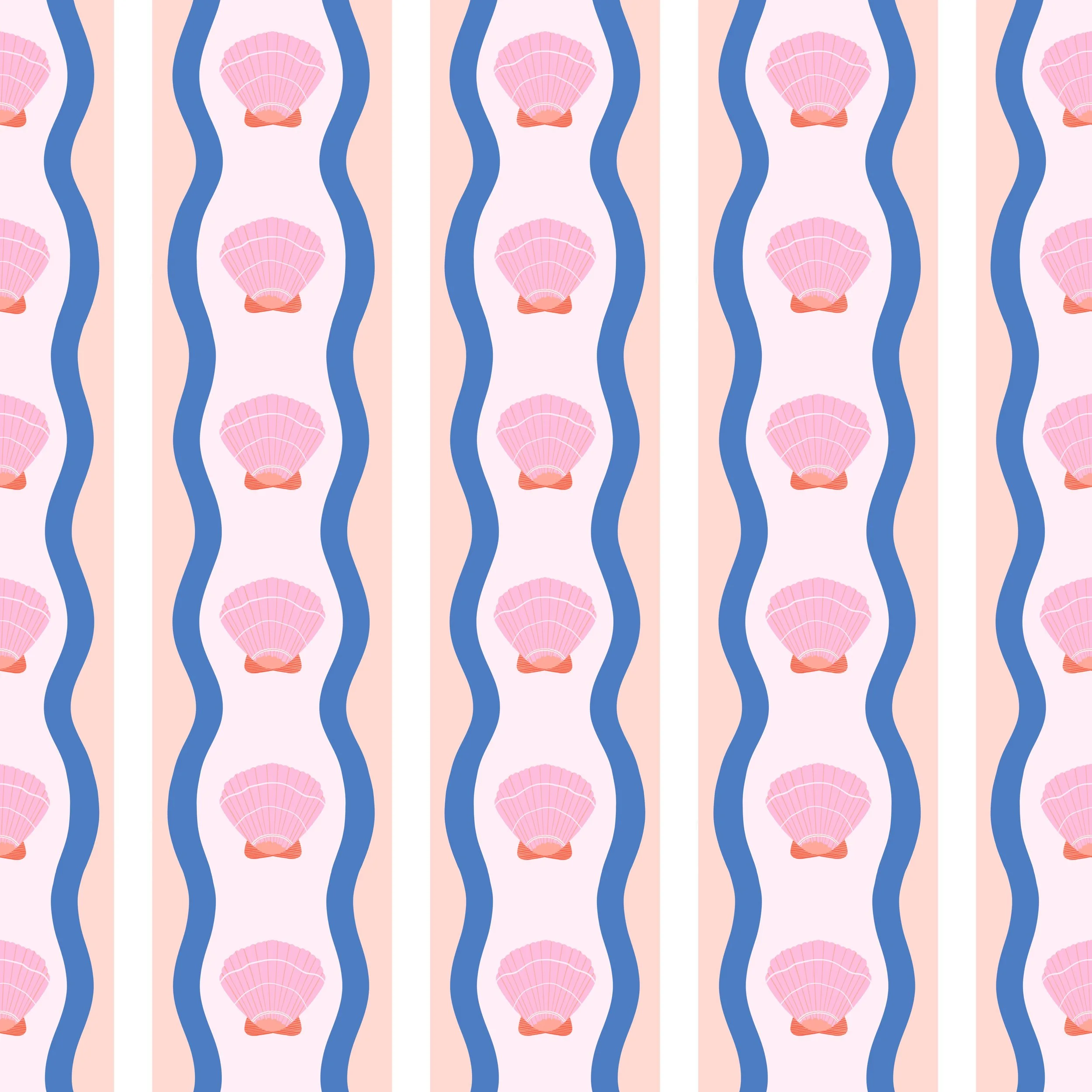 Pattern with pink seashells and wavy blue lines on a beige background.