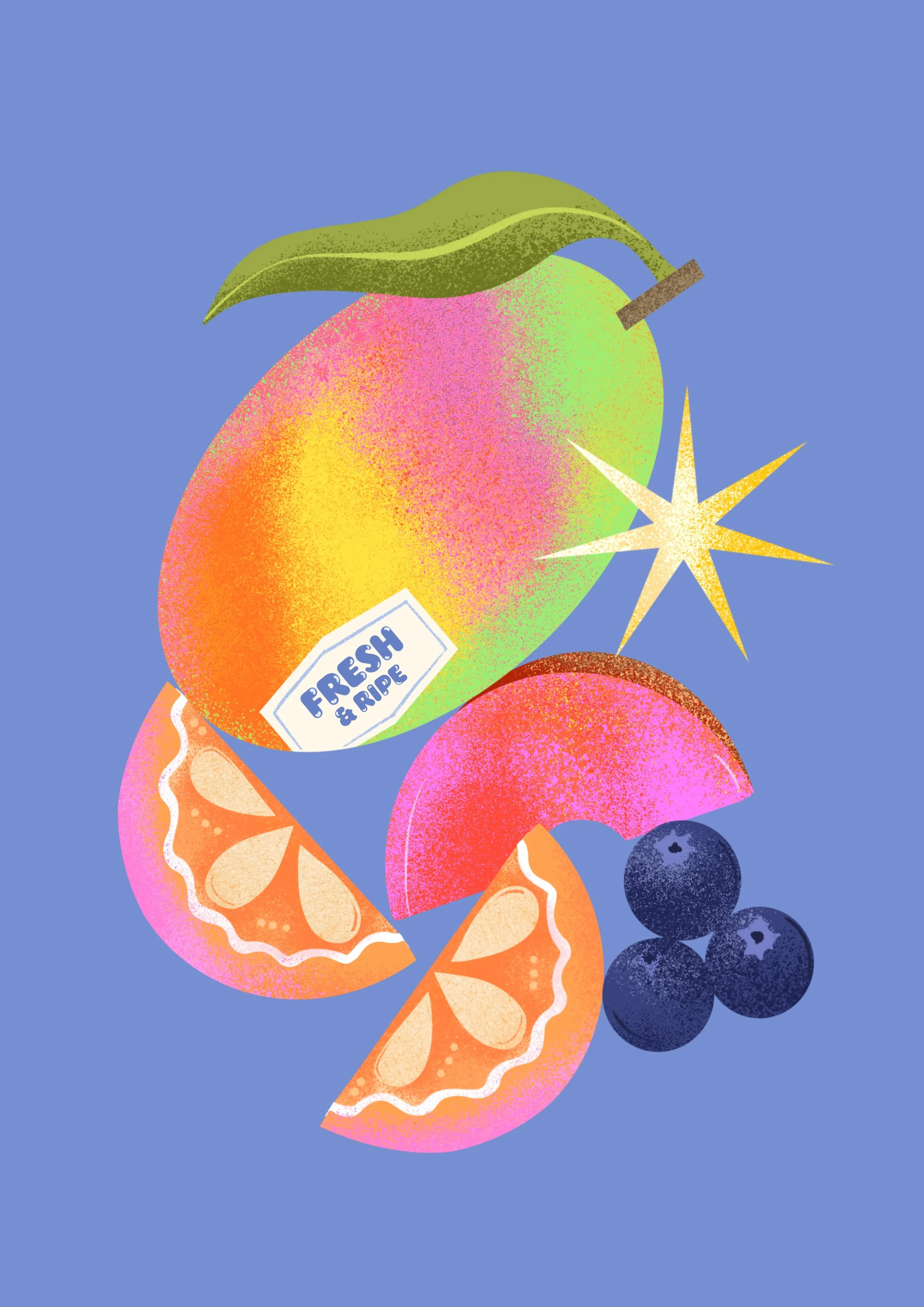 Colourful digital illustration of a mango, orange slices, blueberries, and a star-shaped sparkler on a blue background.