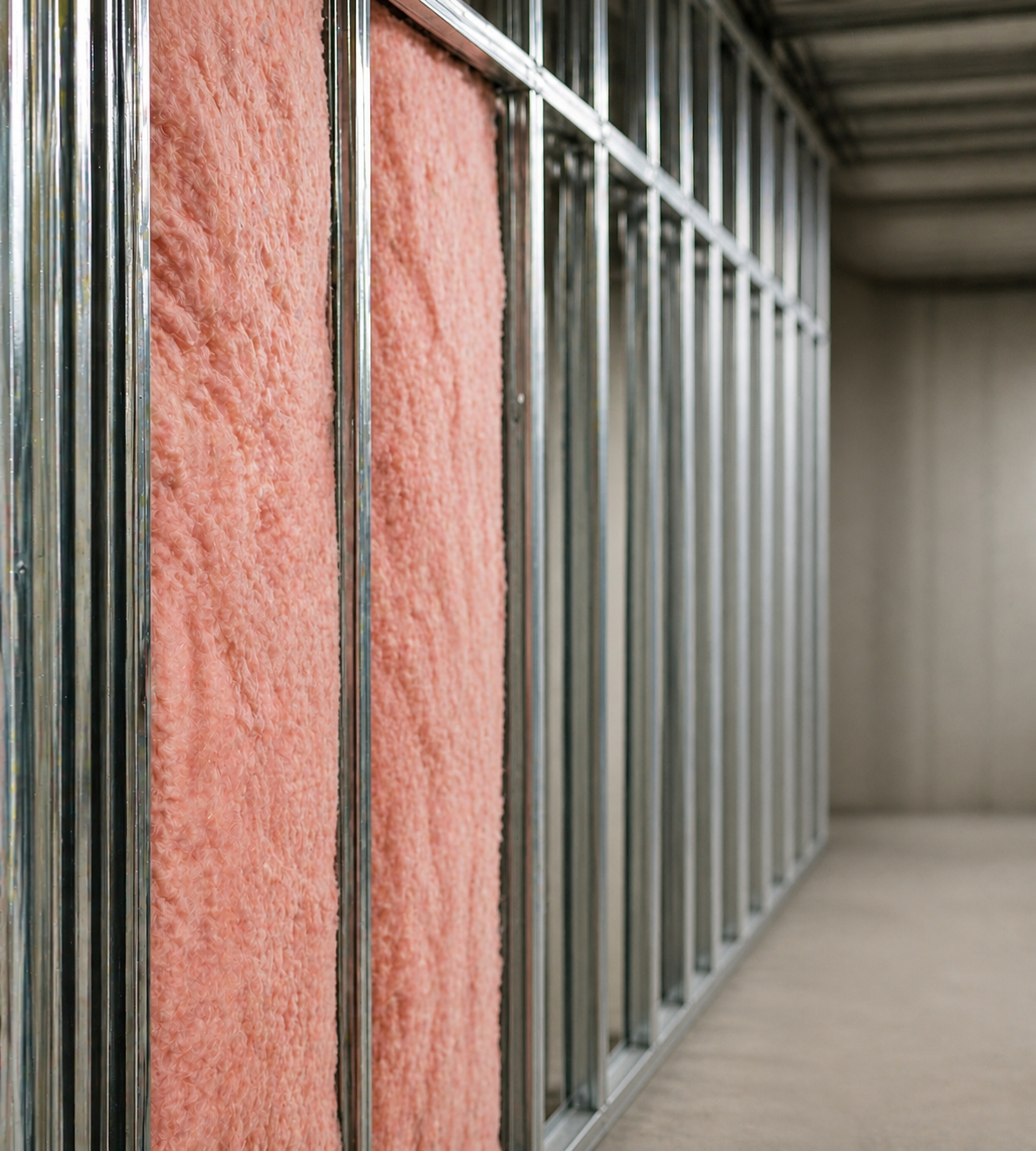 Empty early 20th-century style room with metal framing and pink insulation panels.