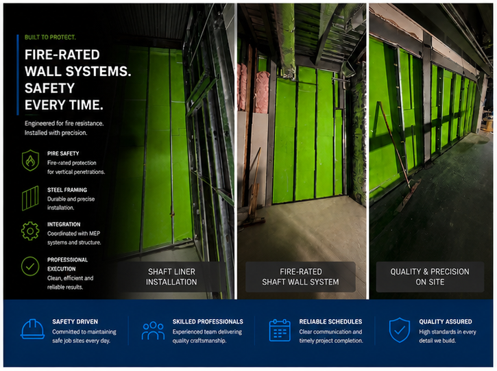 Fire-rated shaft wall system installation with precision steel framing for commercial and multi-unit construction projects.