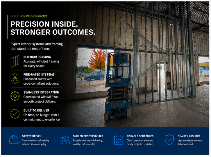 Professional commercial interior framing and drywall preparation with coordinated MEP integration and code-compliant construction systems.