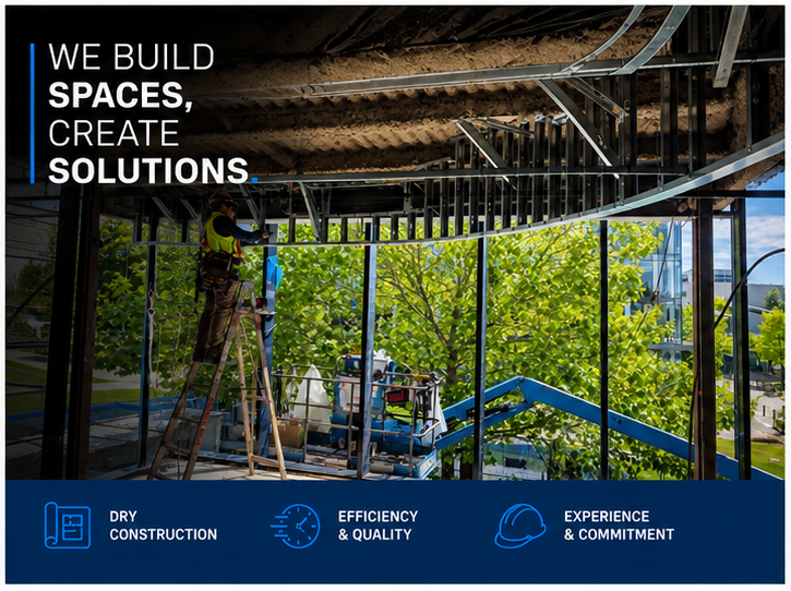 Commercial steel stud framing installation by FalconCity Construction for a modern office and interior systems project in Vancouver.