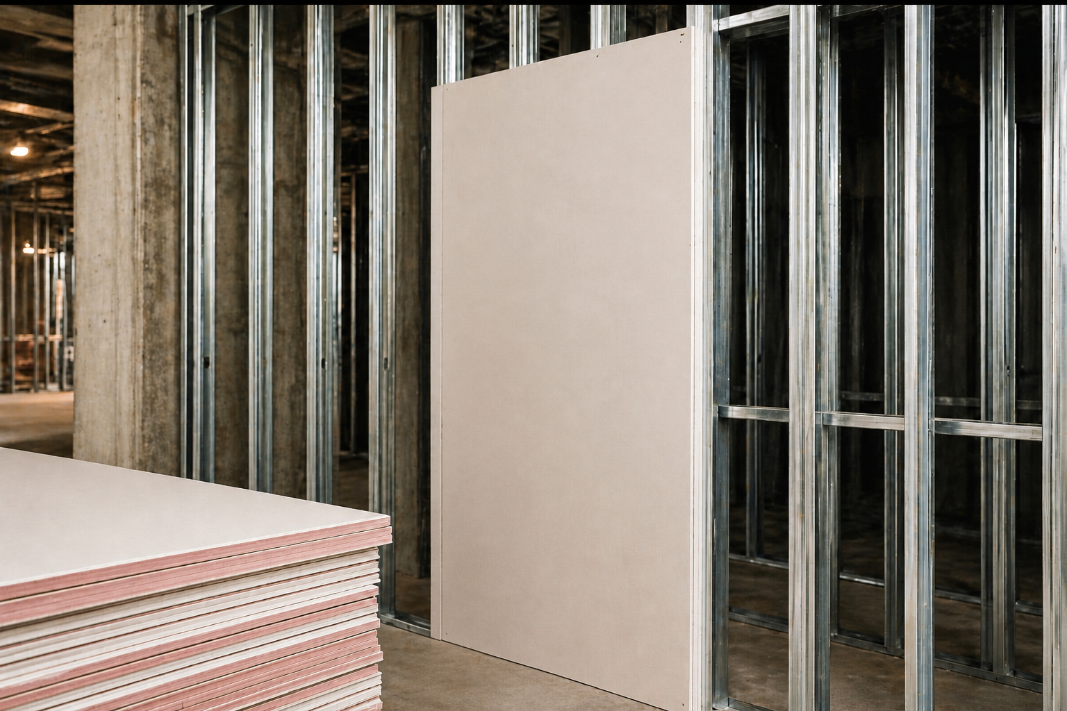 Construction site with metal framing, drywall sheets, and concrete support columns.