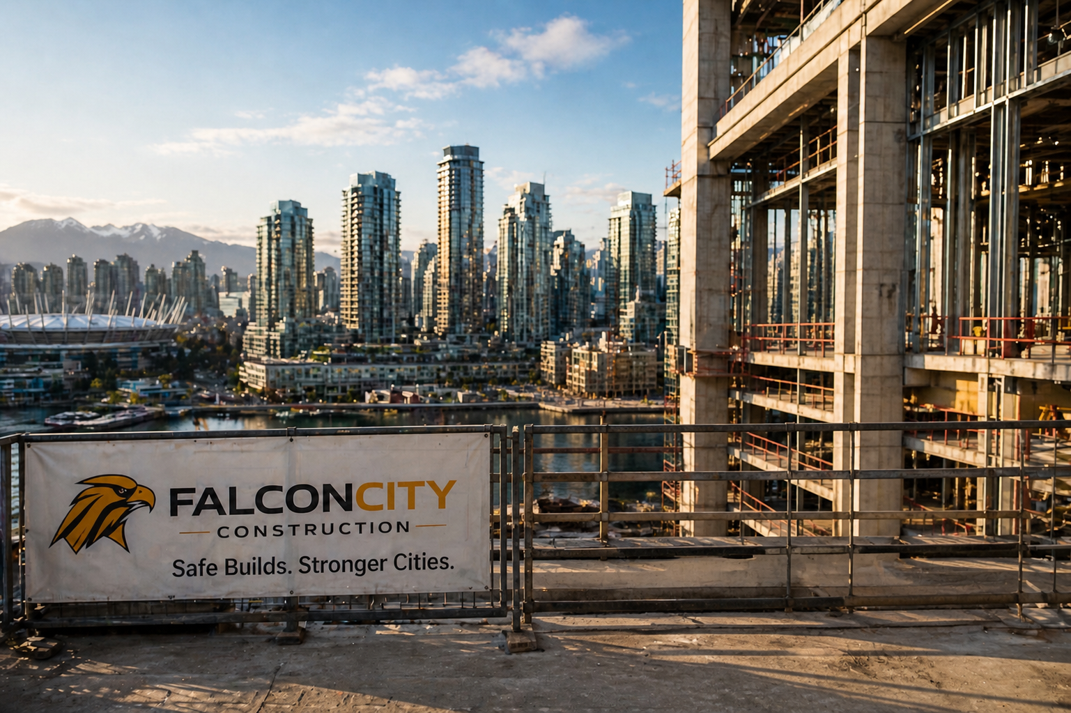 View of a city skyline with tall modern buildings under construction, a mountainous backdrop, and a construction site in the foreground with a Falcon City Construction banner.