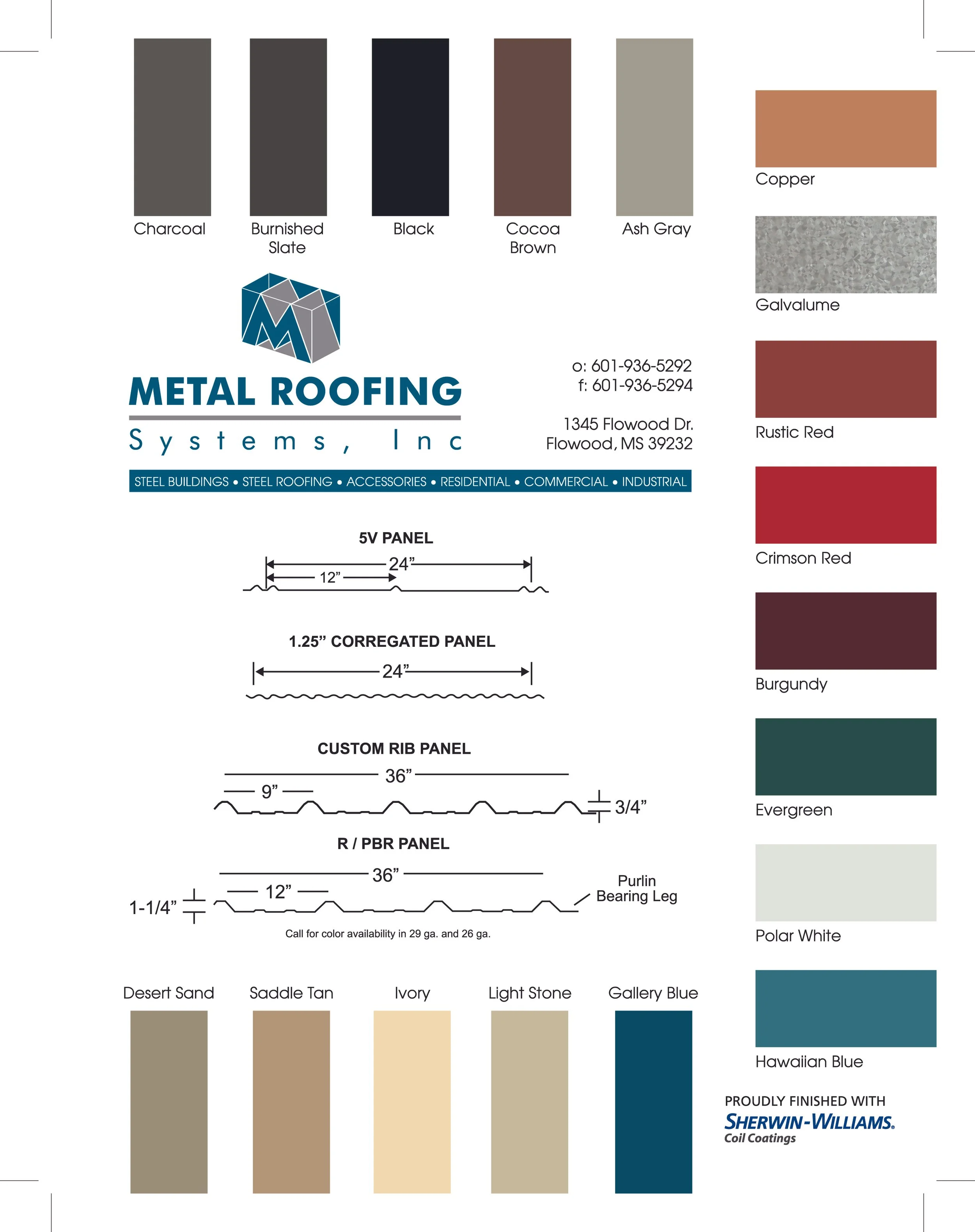 A color and material selection chart for metal roofing systems, featuring color swatches, panel dimensions, and contact information for Metal Roofing Systems, Inc.