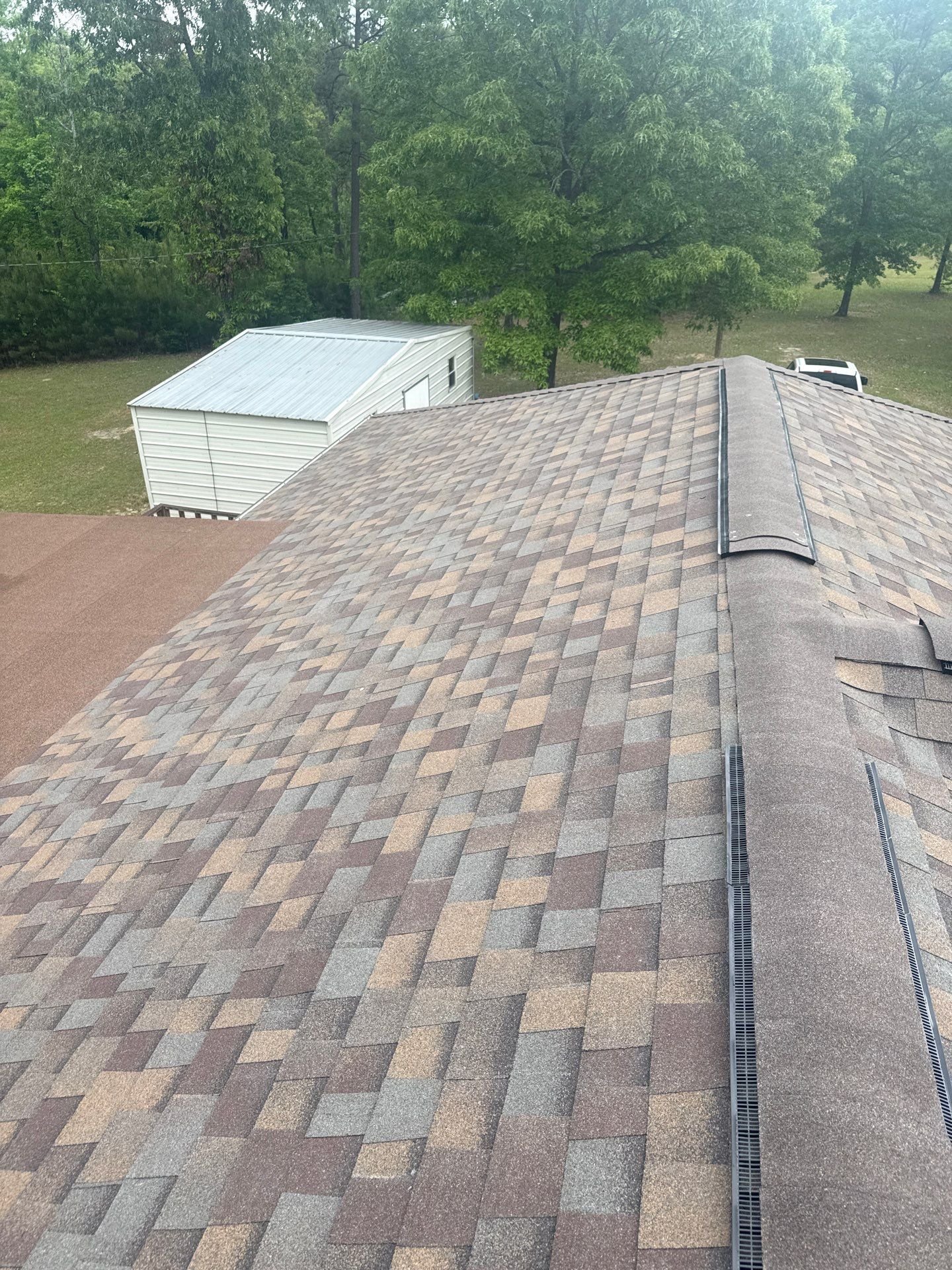 A view from a rooftop showing a shingled roof, a white shed, some trees, and a car in the background.