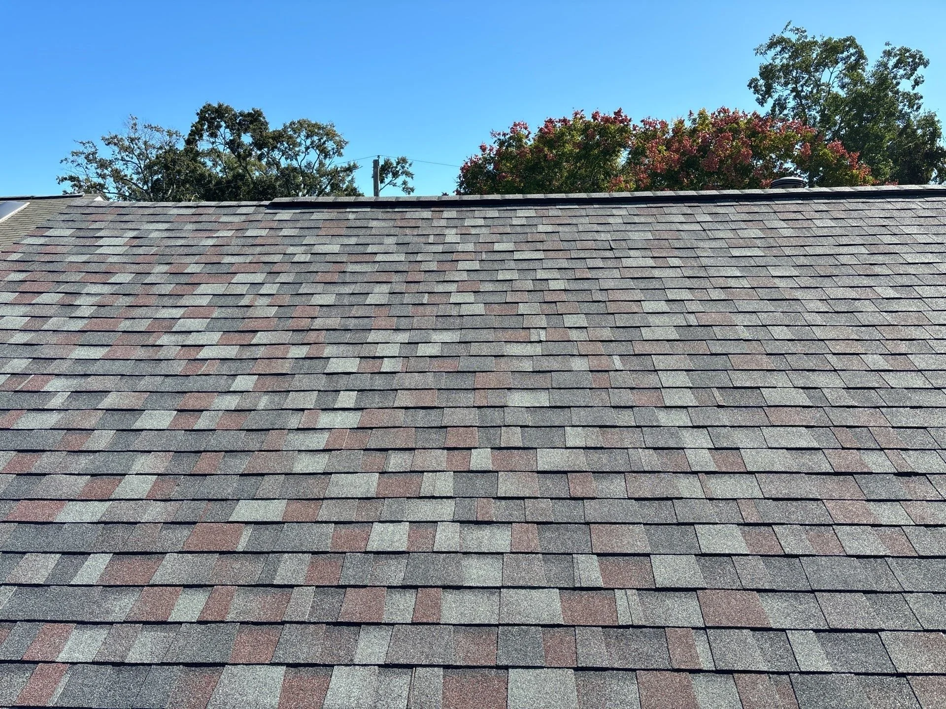 Close-up view of a residential roof covered with multicolored asphalt shingles, with trees and a clear blue sky in the background.
