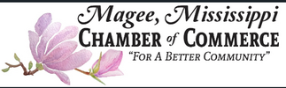 Logo of Magee, Mississippi Chamber of Commerce with pink magnolia flower and text welcoming a better community.