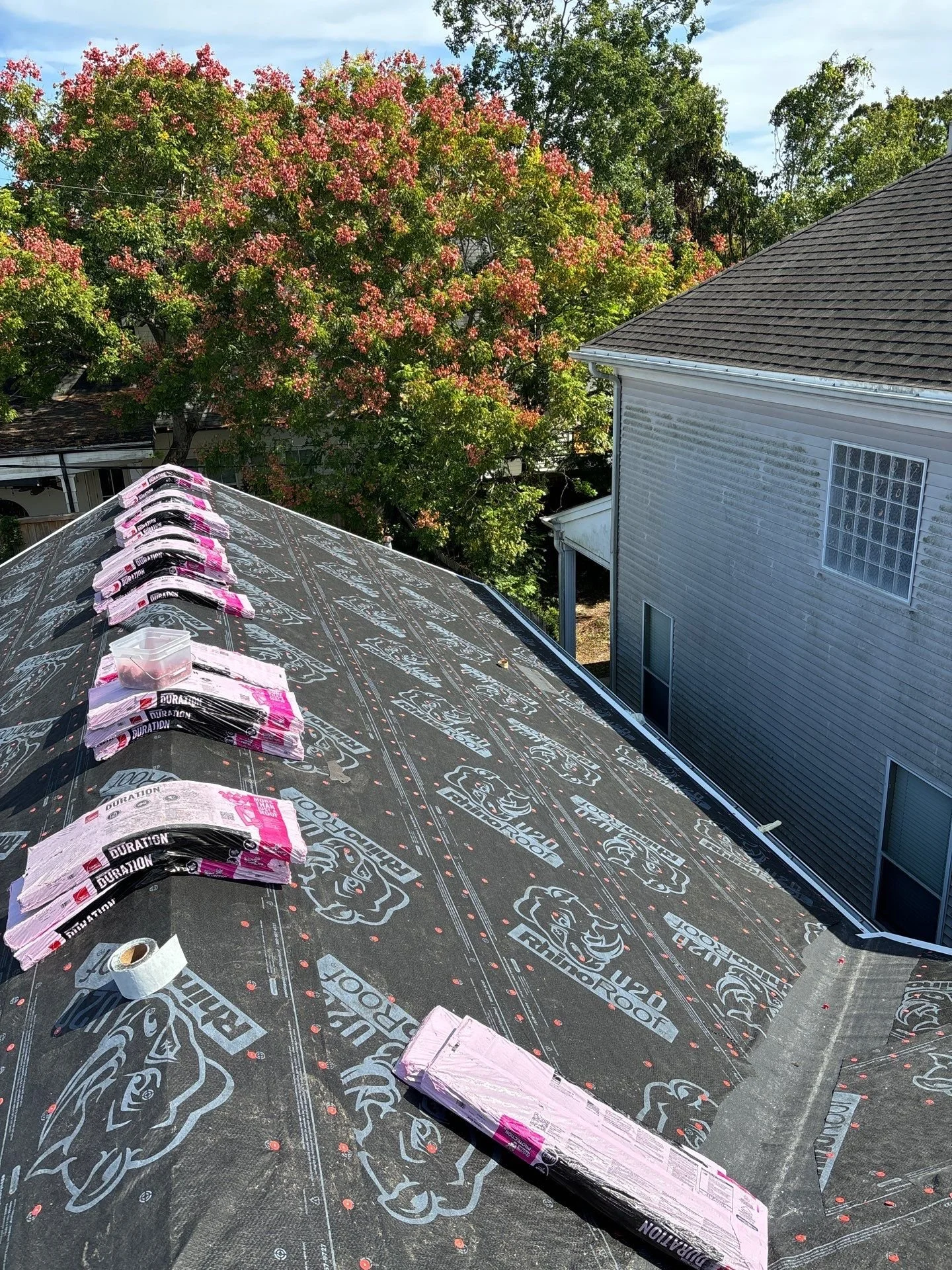 Roof under construction with roofing underlayment and bundles of shingles, neighboring house with siding, large trees with pink flowers, blue sky.