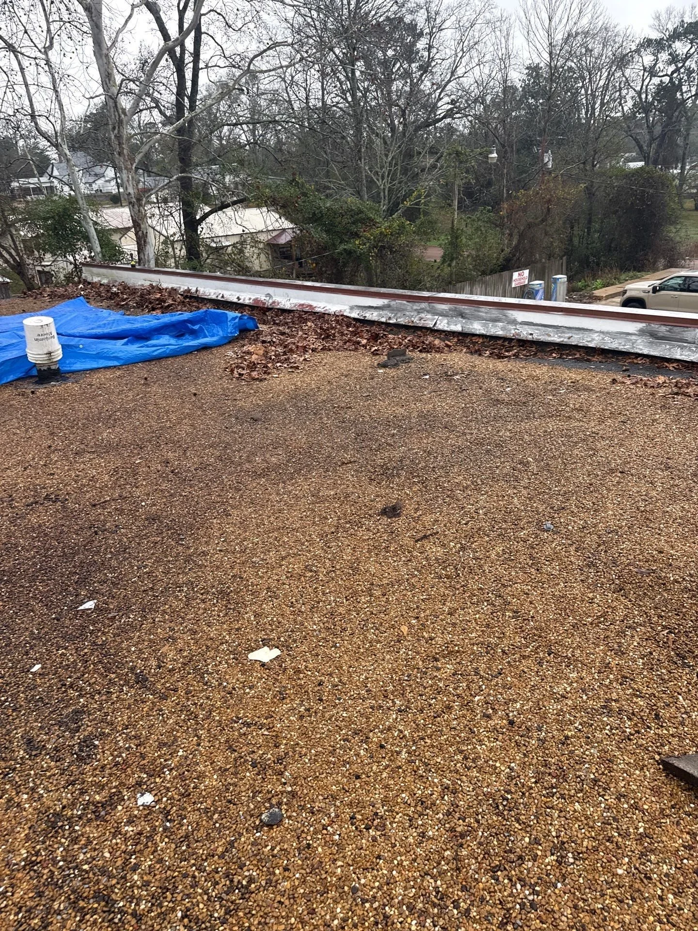 View of a rooftop with gravel surface, a blue tarp, fallen leaves, and a long metal flashing along the edge, with trees and houses in the background.