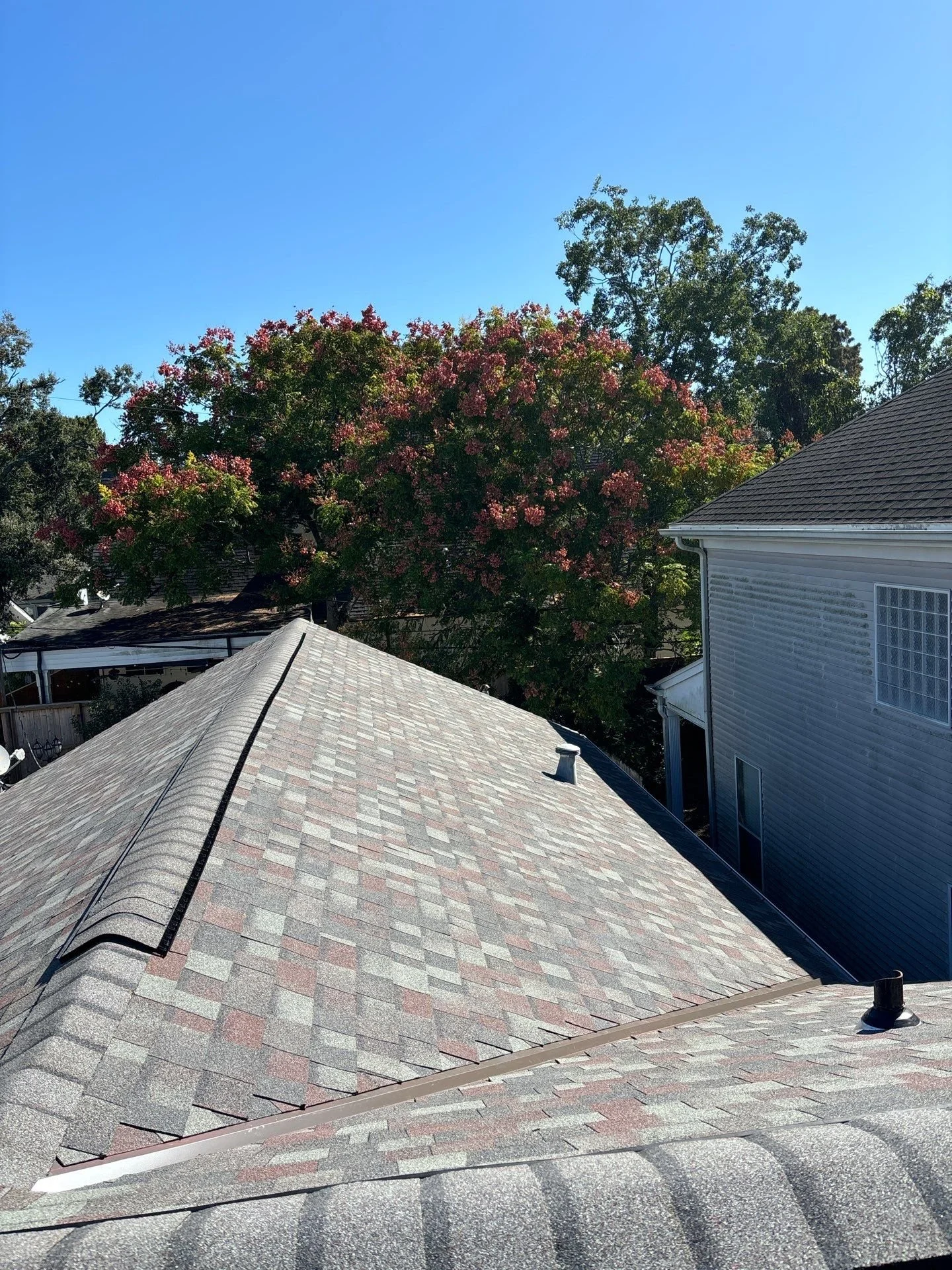 View of rooftops and trees under a clear blue sky, with one roof prominently in the foreground covered in asphalt shingles.
