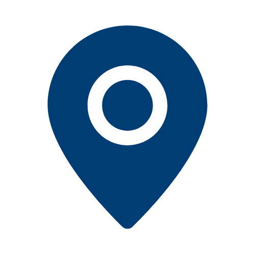 A blue map pin icon with a black dot in the center on a black background.