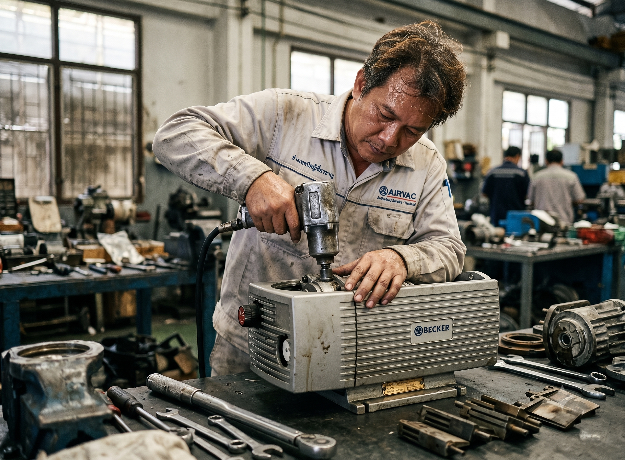 Technician Inspecting Worn Vacuum Pump Vanes