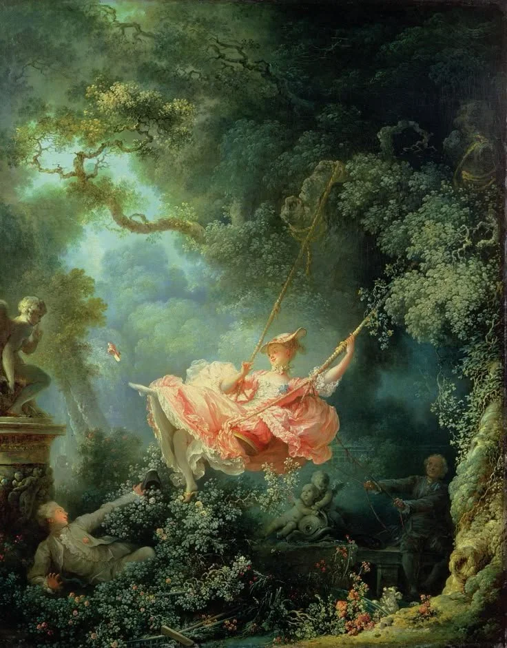 A Rococo style painting depicting a young woman in a pink dress on a swing in a lush, detailed garden with cherubs and a man playing a violin nearby.