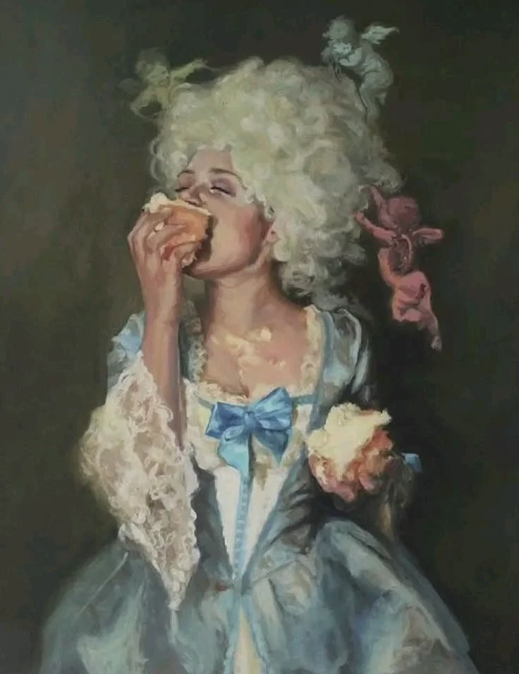 A woman with curly blonde hair in a historic dress with lace sleeves and a blue ribbon, eating a slice of cake.