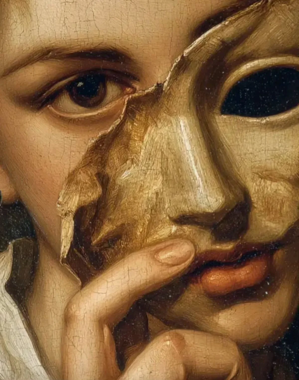 Close-up of a classical artwork showing a woman's face partially covered by a gold mask, with one eye visible and finger touching her lips.