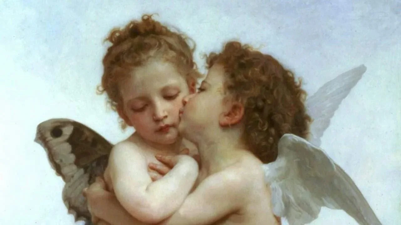 Two children with wings, one kissing the other on the cheek in a soft embrace