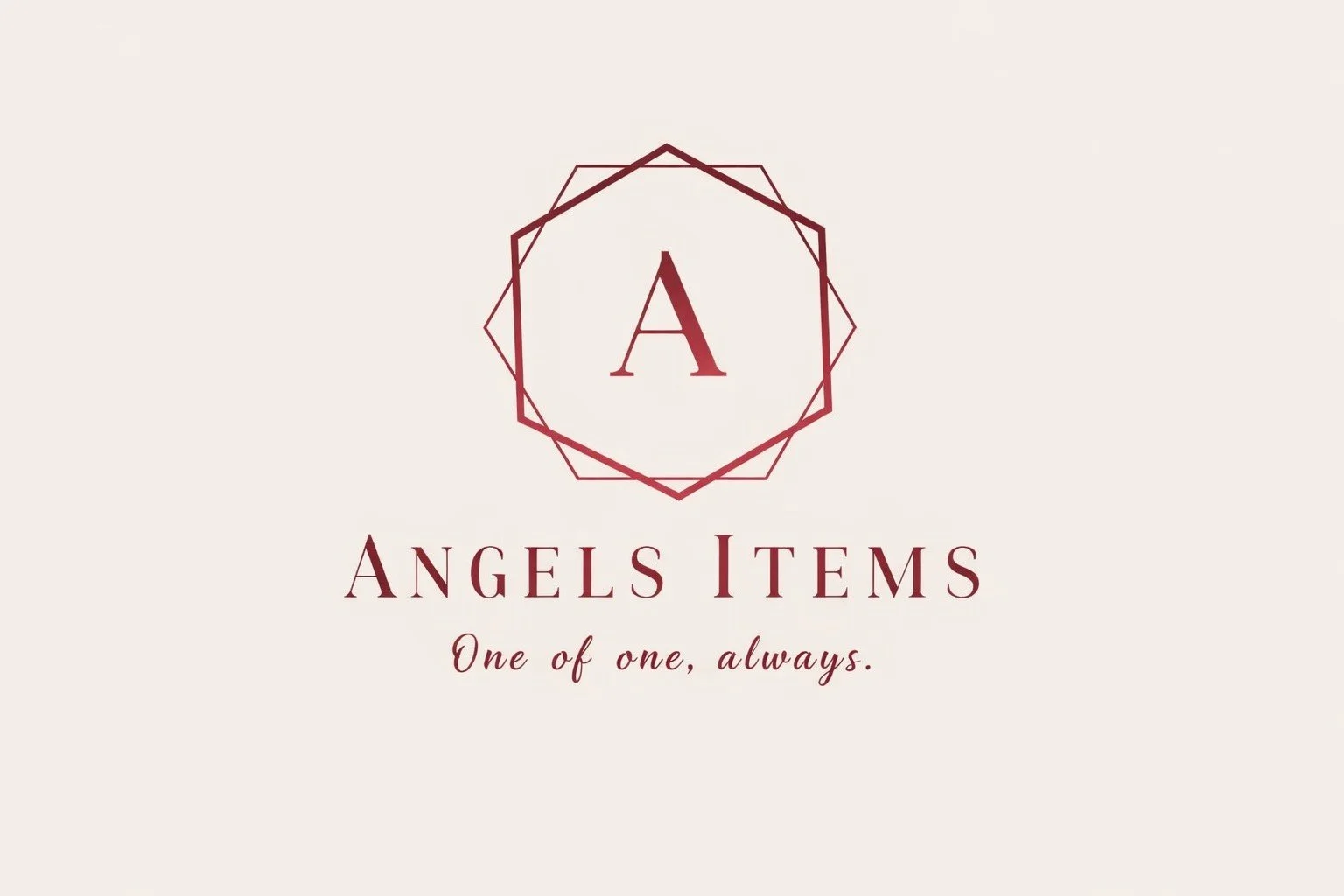 Logo for Angels Items featuring a large red letter 'A' within a decorative geometric frame, with the tagline 'One of one, always.'