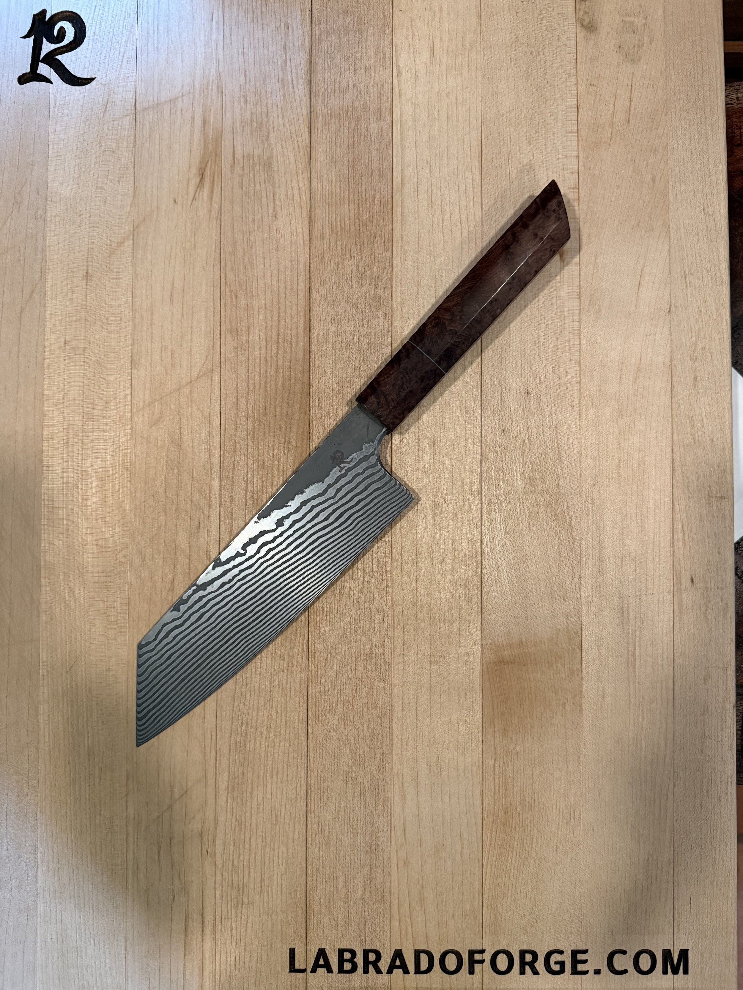 7” Bunka with Damasteel stainless damascus. Handle is ringed gidgee from Australia. (2025)