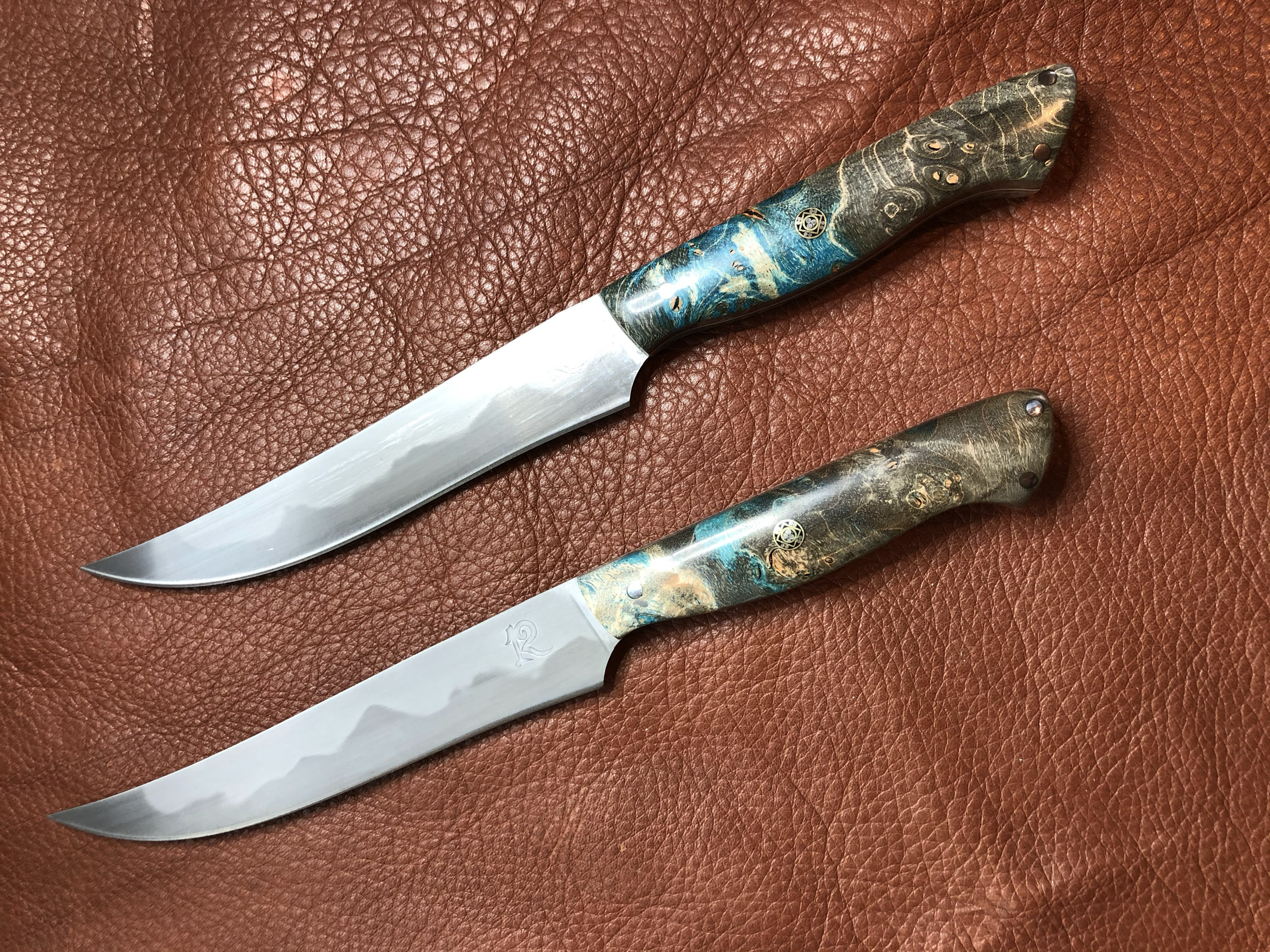 Custom order steak knife set. 1095 carbon steel with hamon. Handles are dyed and stabilized maple burl  (2022)