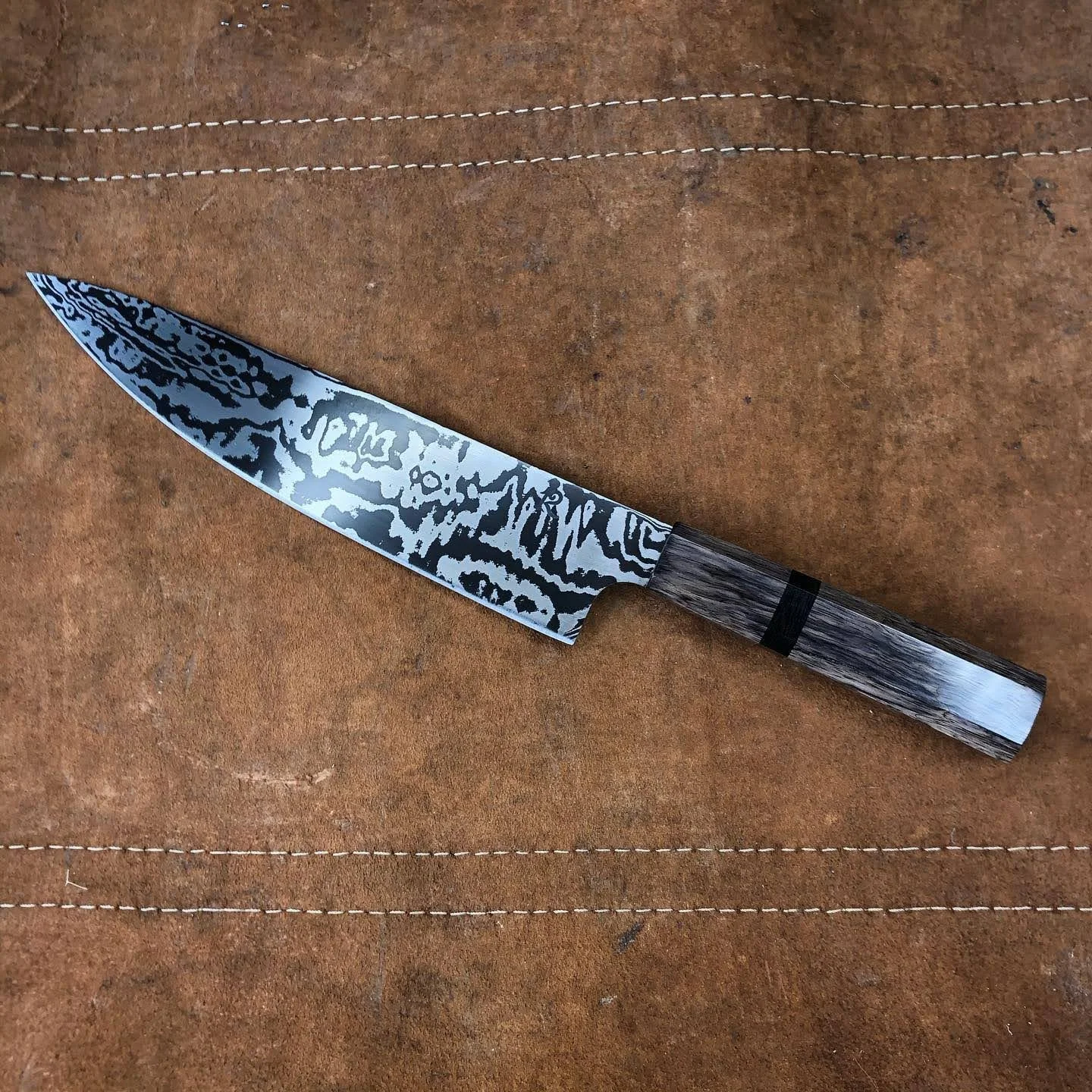8”chef random pattern damascus of 1095 and 15n20 with spalted maple handle, black carbon fiber spacer (2022)