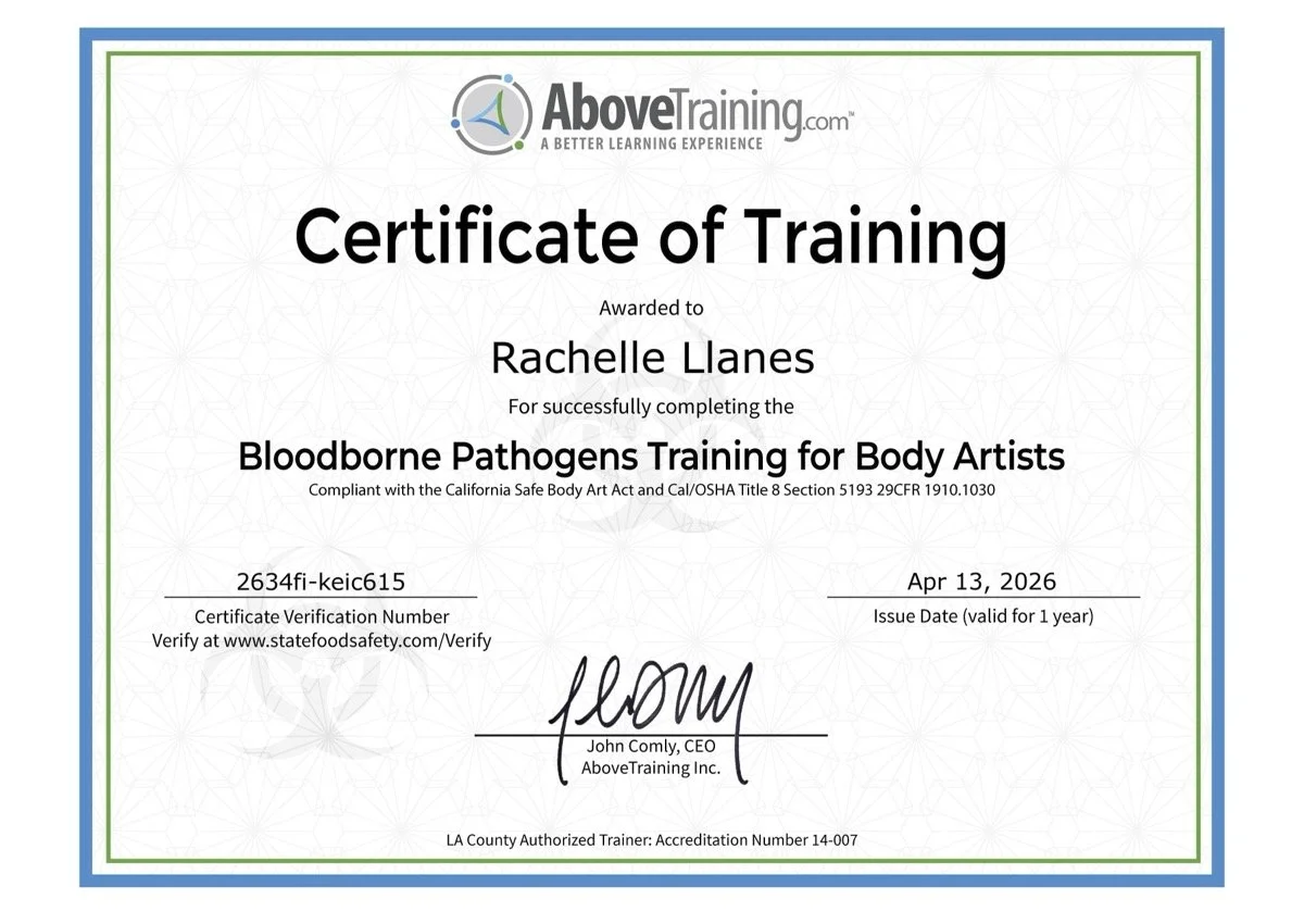 Certificate of training awarded to Rachelle Llanes for bloodborne pathogens training for body artists, issued by AboveTraining.com, dated April 13, 2026.