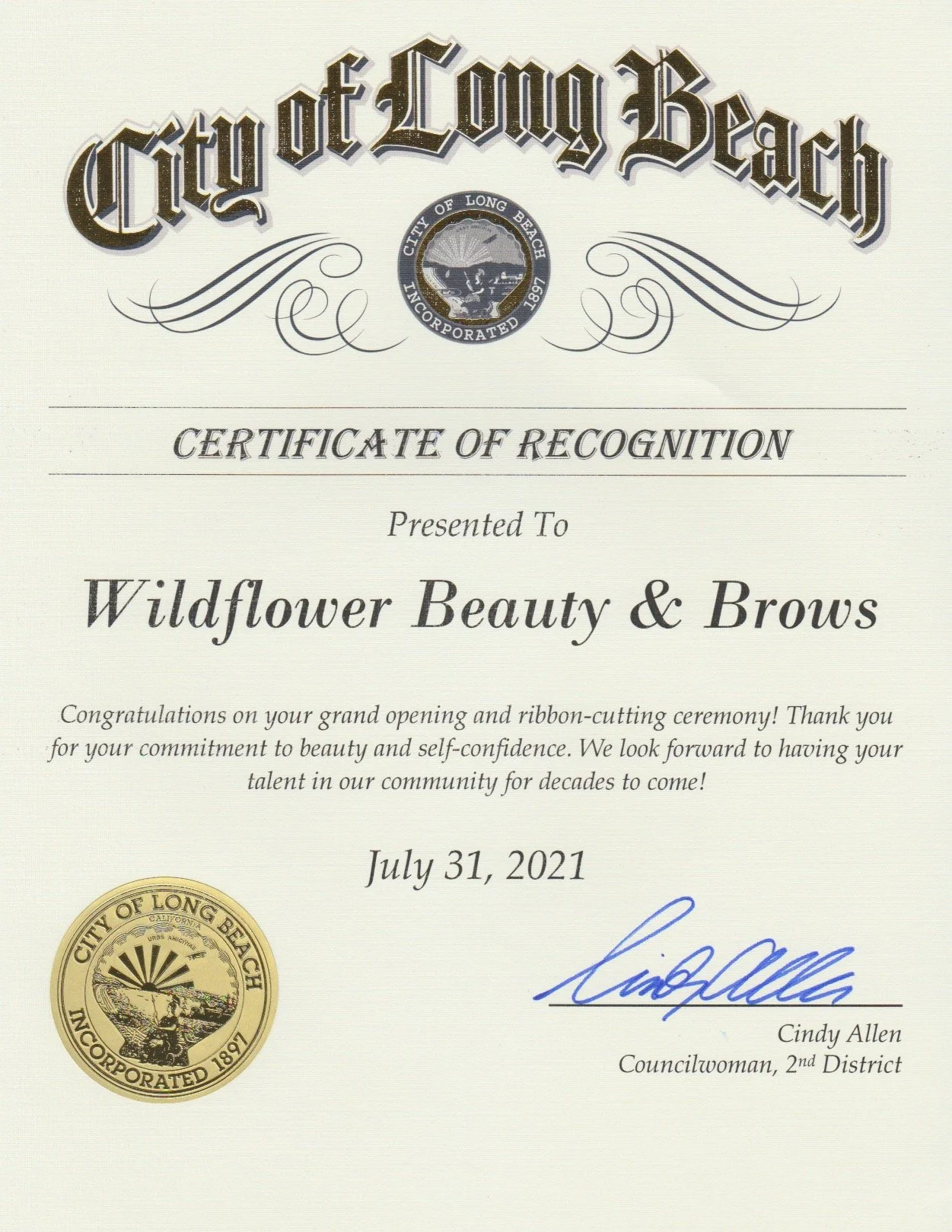 City of Long Beach Certificate of Recognition