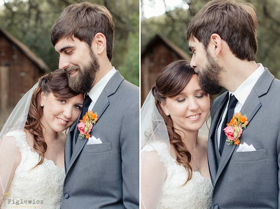 A bride and groom in wedding attire sharing a tender moment outdoors, with the groom kissing the bride on the forehead in one shot and the bride smiling with her eyes closed in the other.