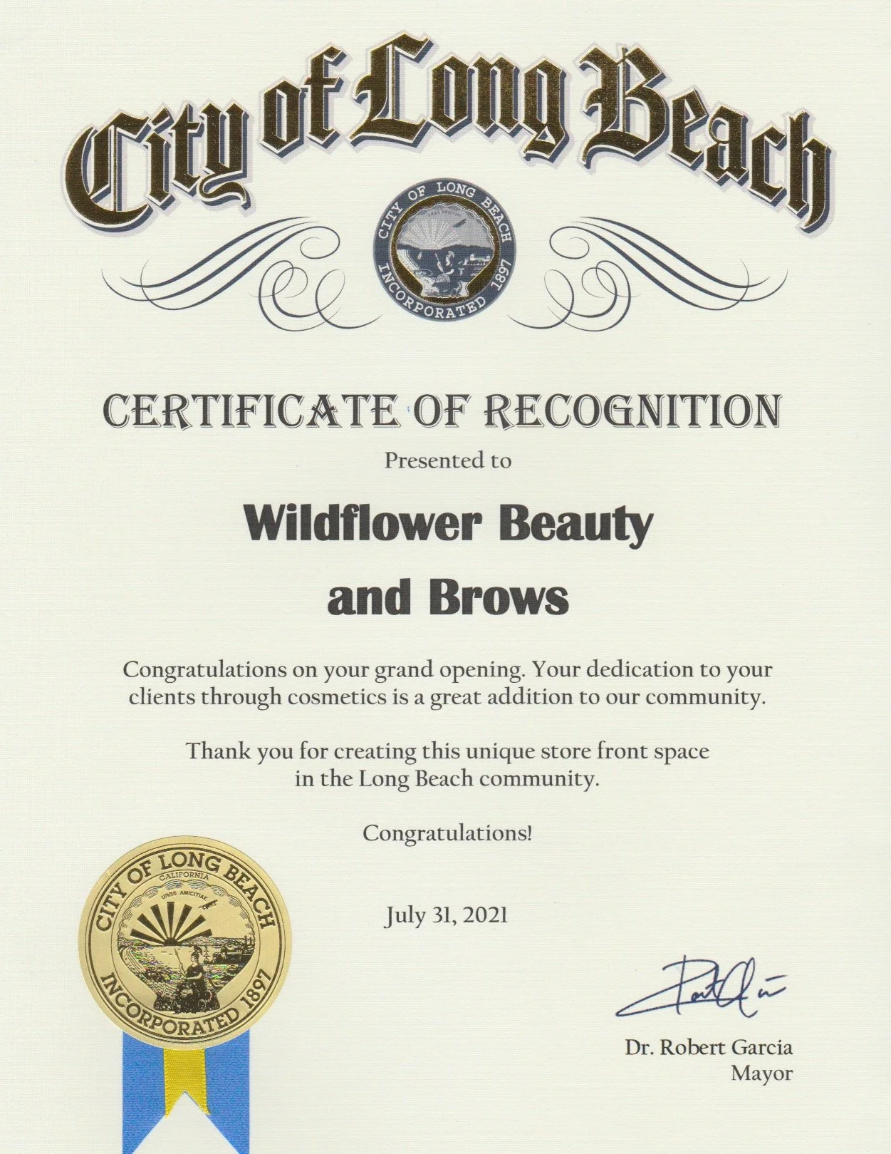 City of Long Beach Certificate of Recognition